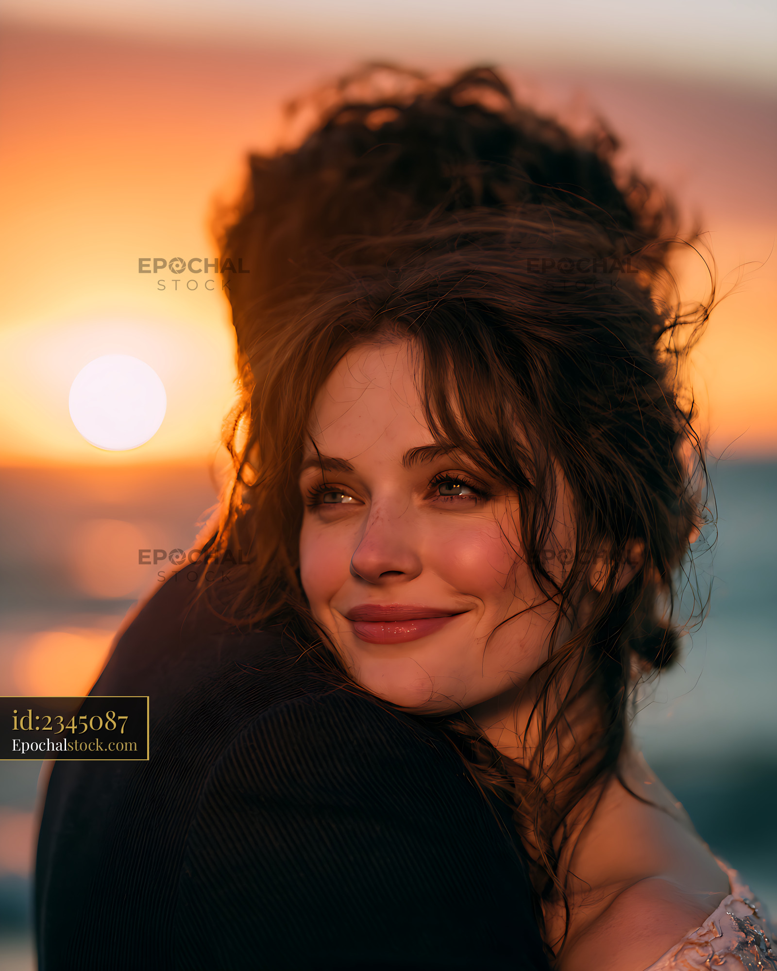 Watermarked full-resolution preview of Close portrait of smiling woman in warm sunset light