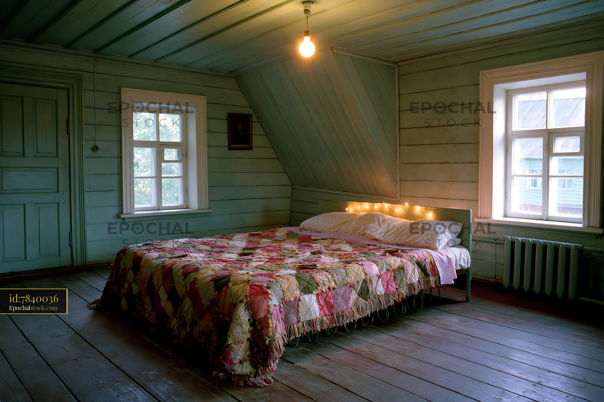 Watermarked full-resolution preview of Cozy bedroom with wooden walls and colorful quilt