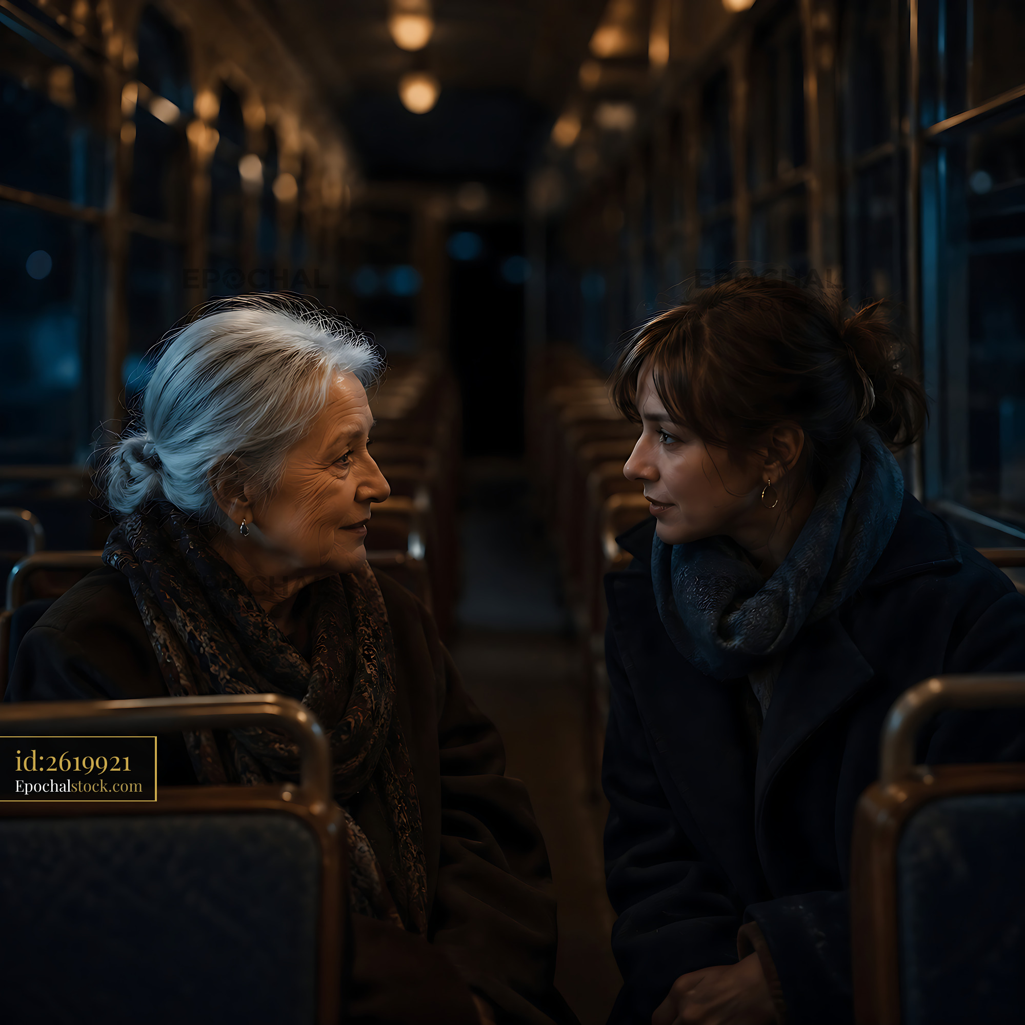 Watermarked full-resolution preview of Two women talk on a bus at night