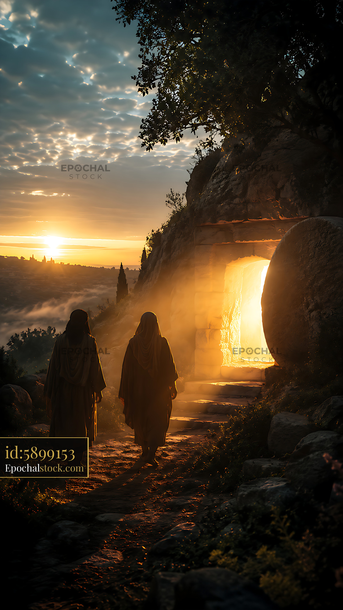 Watermarked full-resolution preview of Two figures walking towards a stone entrance at sunset