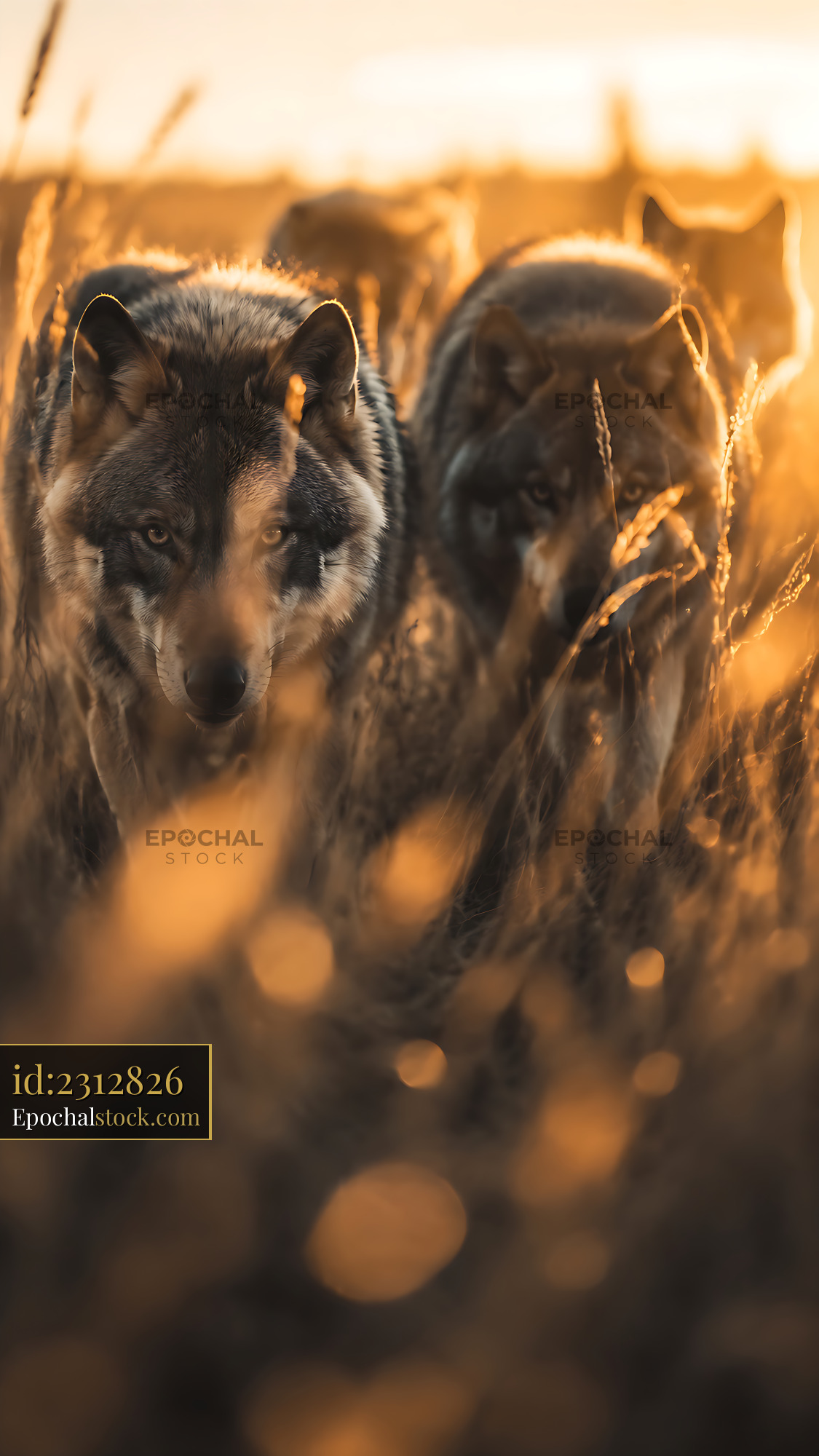 Watermarked full-resolution preview of Wolves walking through tall grass at sunset