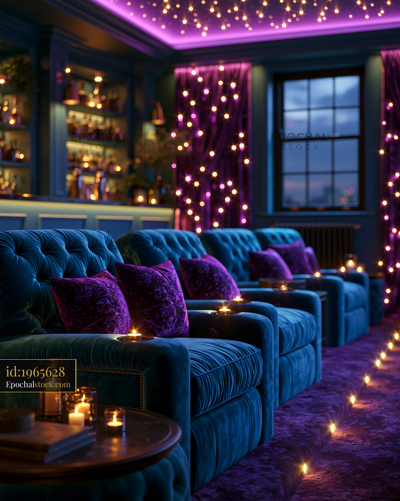 Hidden Basement Cinema With Purple Lights and Velvet Seating - stock photo