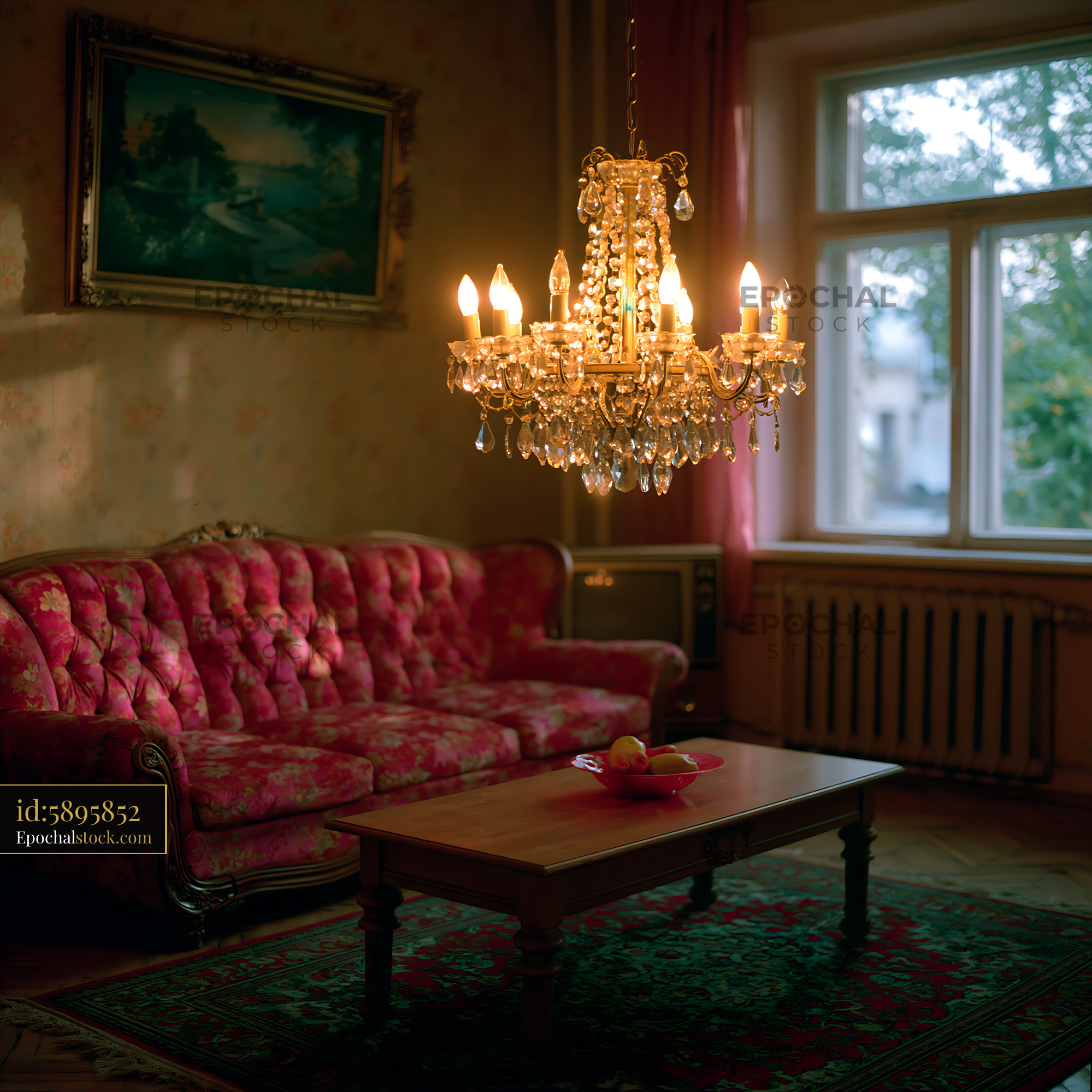 Watermarked full-resolution preview of Vintage living room with chandelier and floral couch