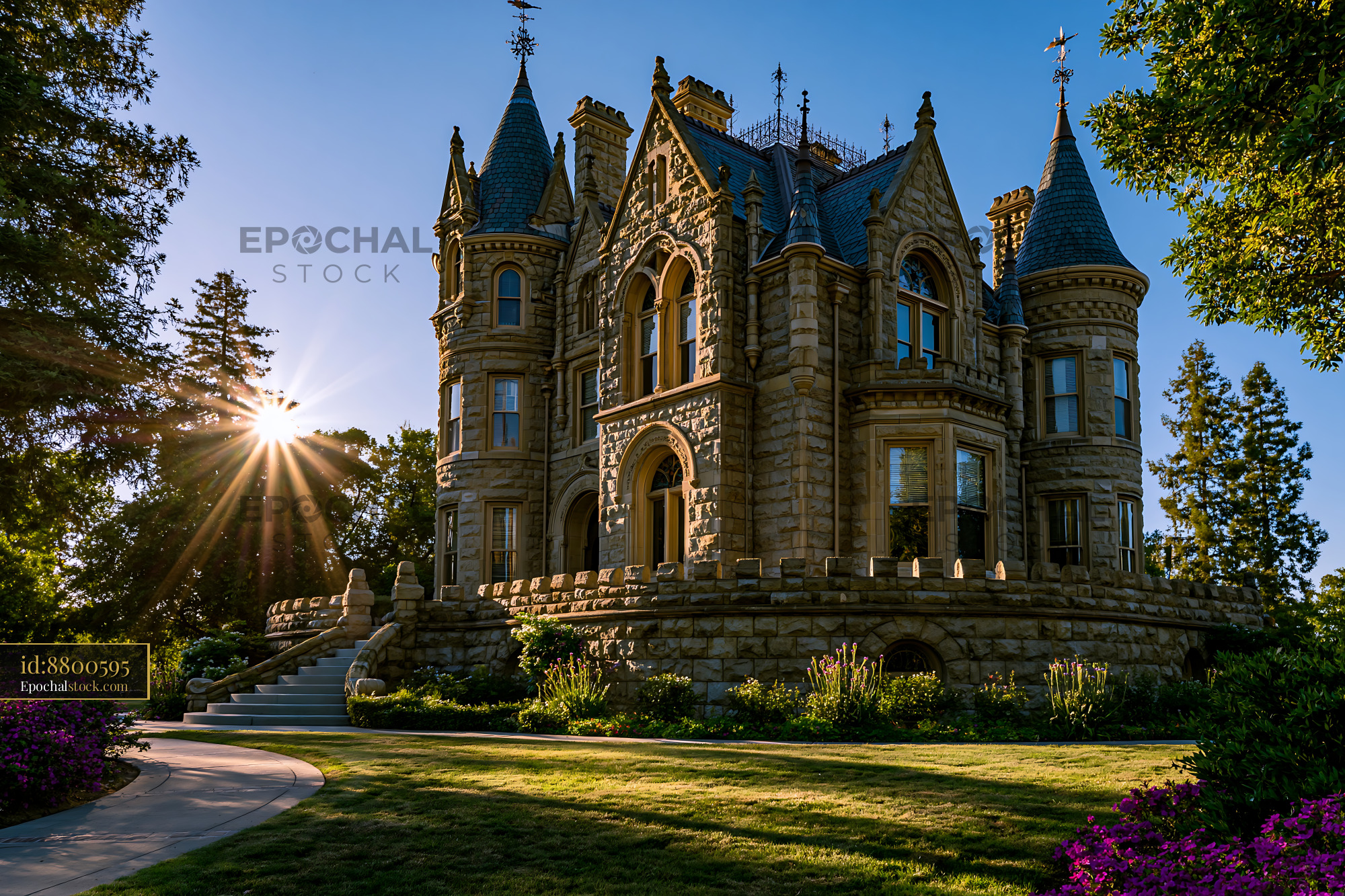 Watermarked full-resolution preview of Ornate stone mansion in a sunny landscaped garden