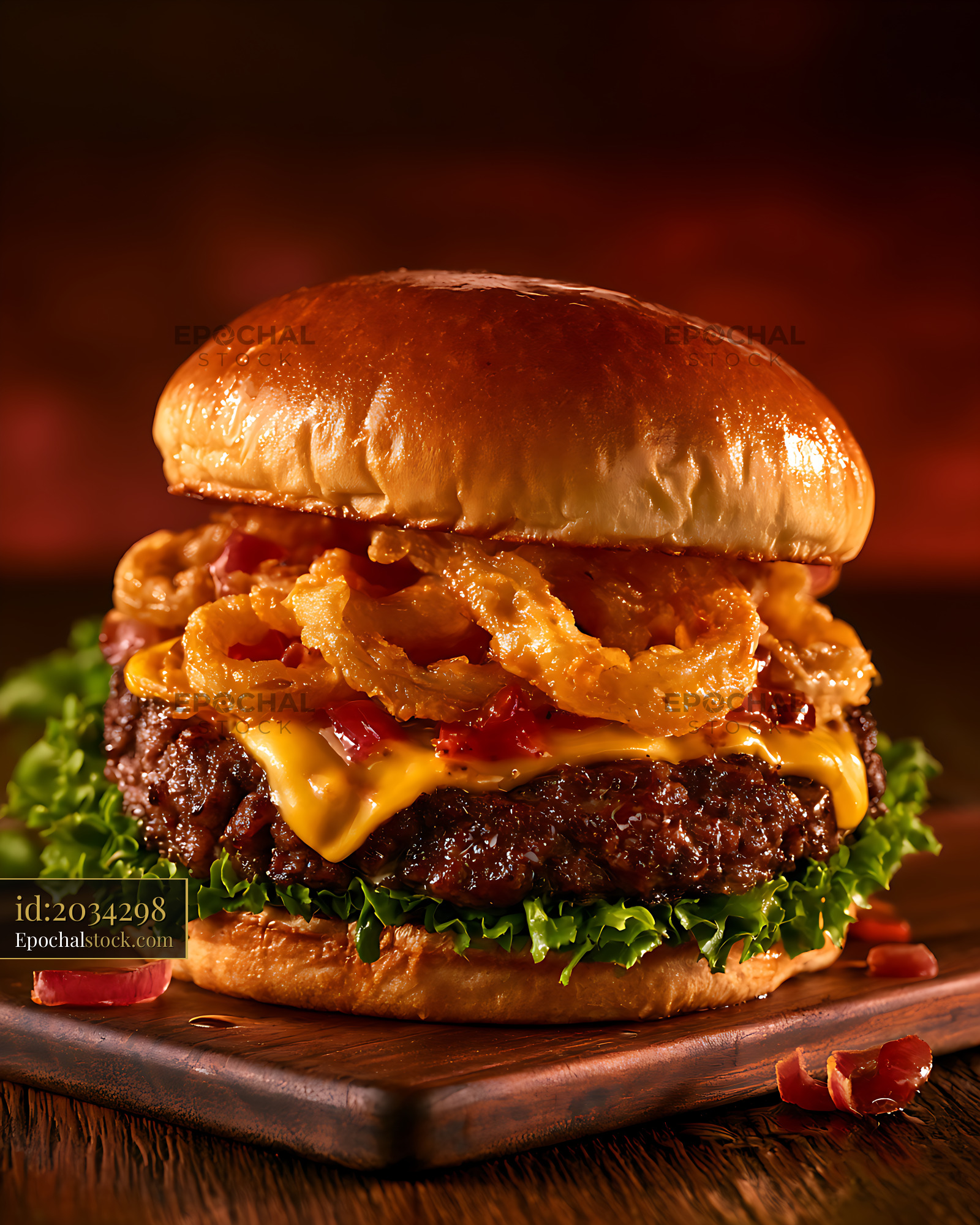Watermarked full-resolution preview of Loaded cheeseburger served on a wooden board
