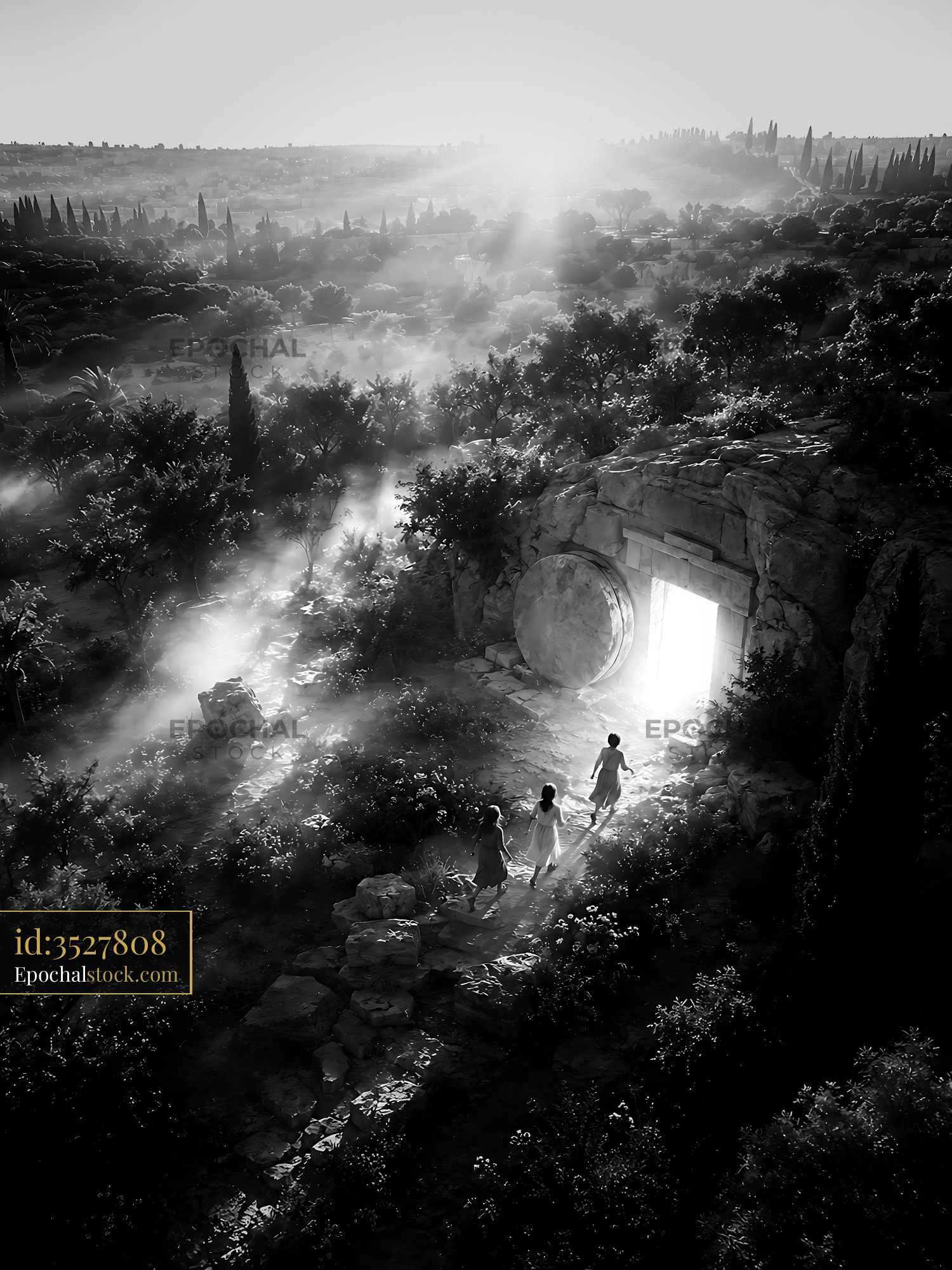 Watermarked full-resolution preview of People walking towards light in an open doorway in a misty landscape