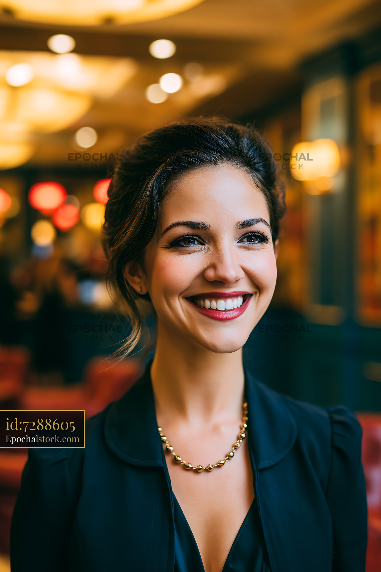 Watermarked full-resolution preview of Woman smiling in a formal setting with warm lighting