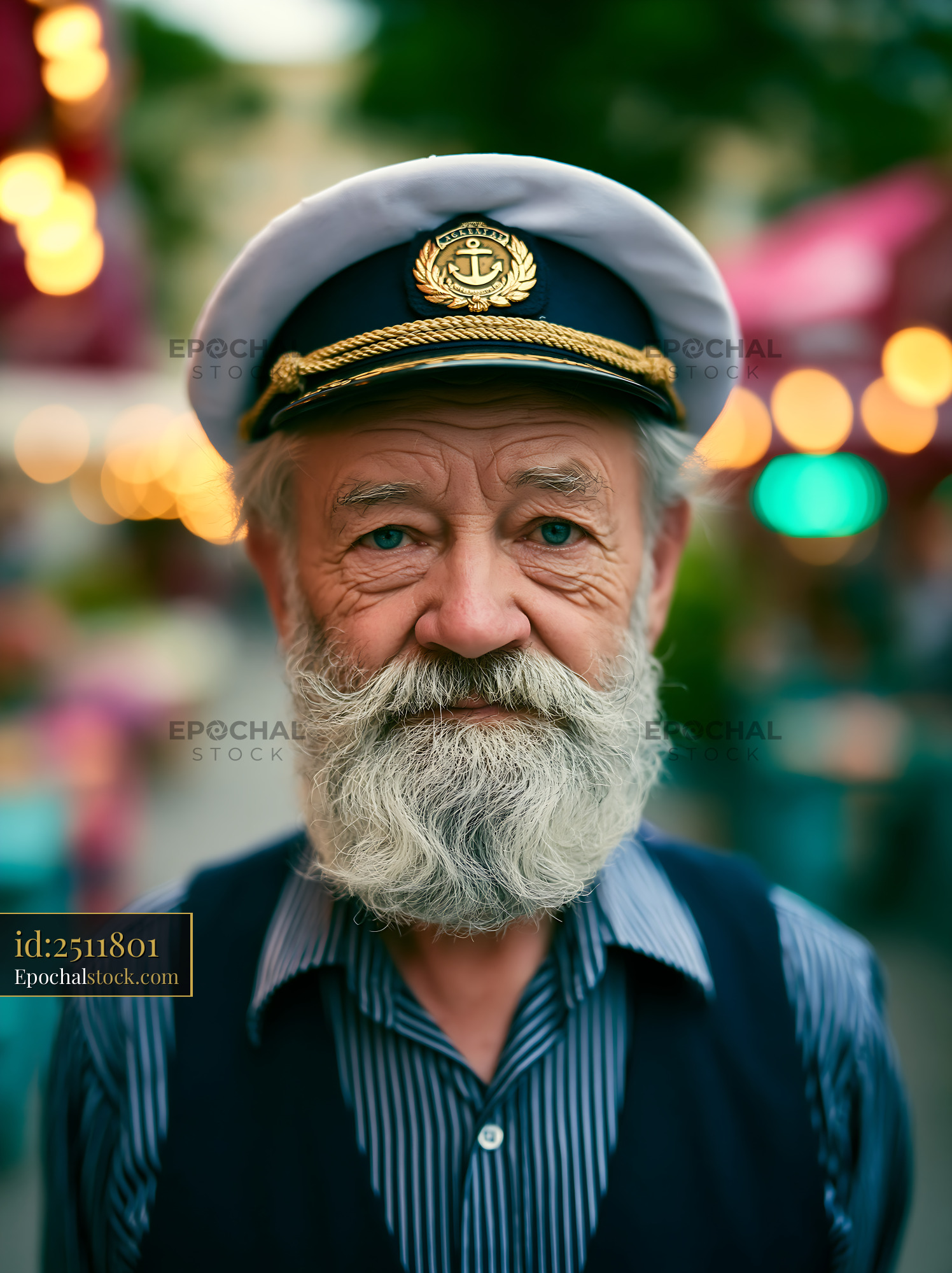 Watermarked full-resolution preview of Old man wearing captain's hat in busy outdoor setting