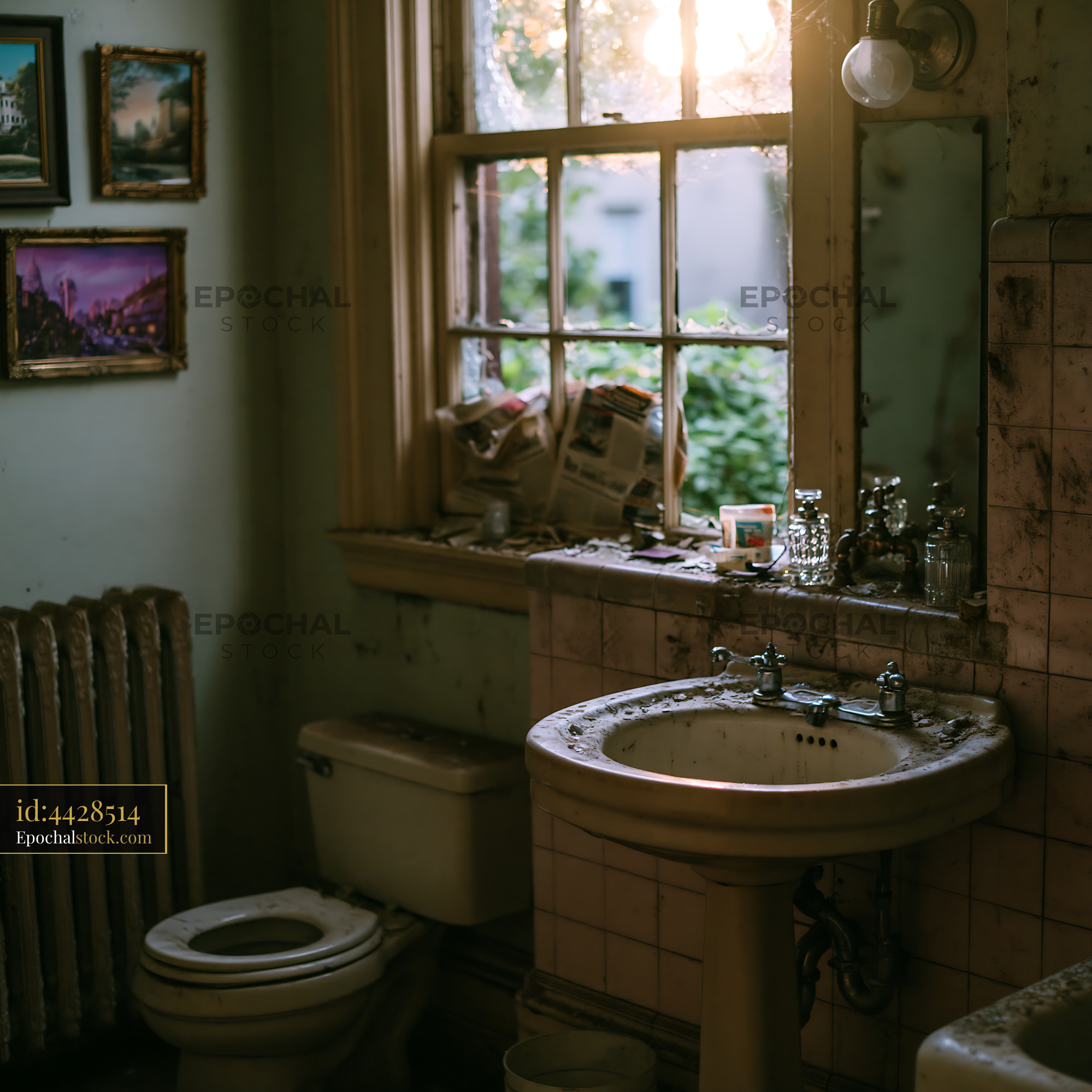 Watermarked full-resolution preview of Weathered bathroom interior with sunlight through the window