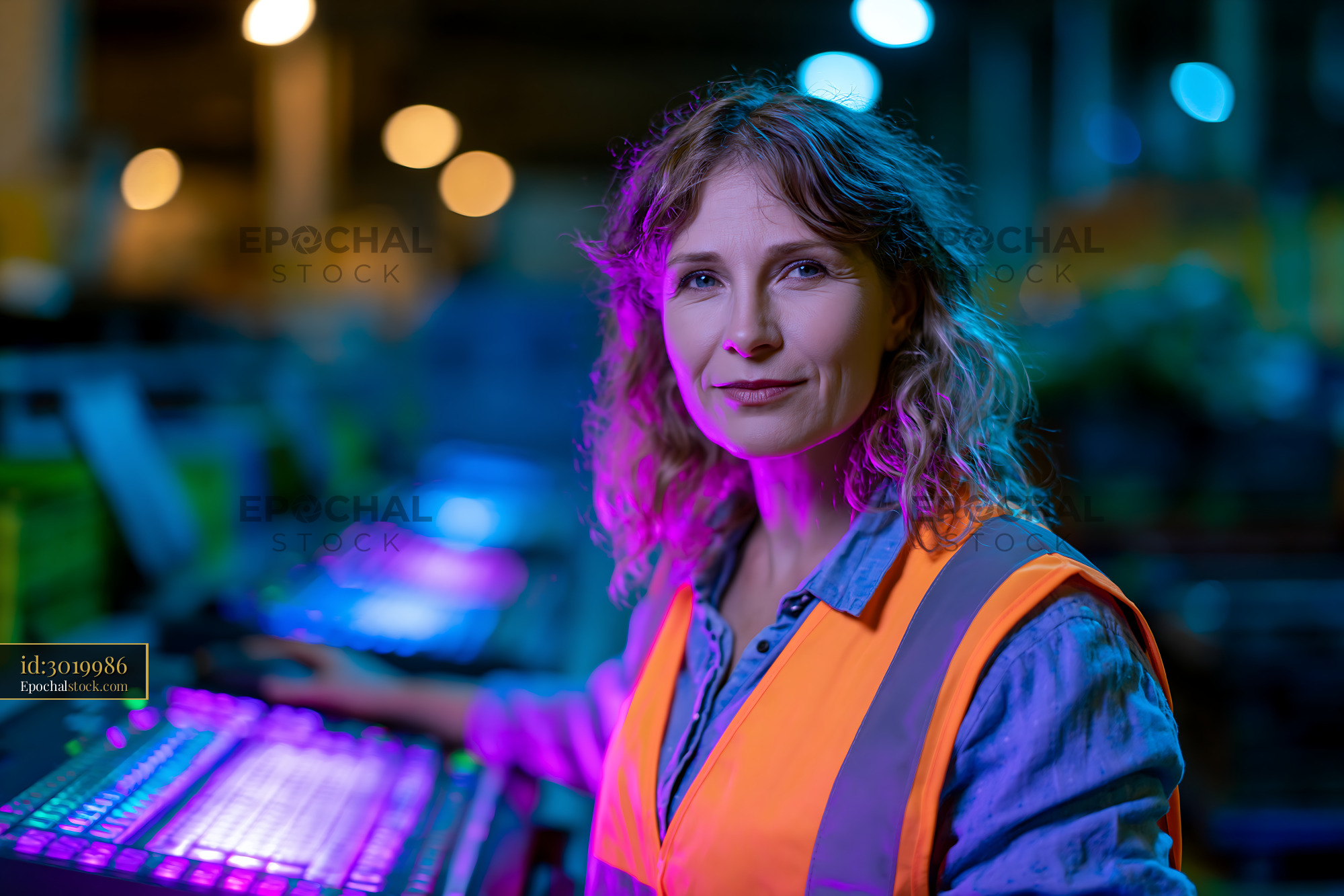 Watermarked full-resolution preview of Industrial worker wearing reflective vest beside glowing control panel