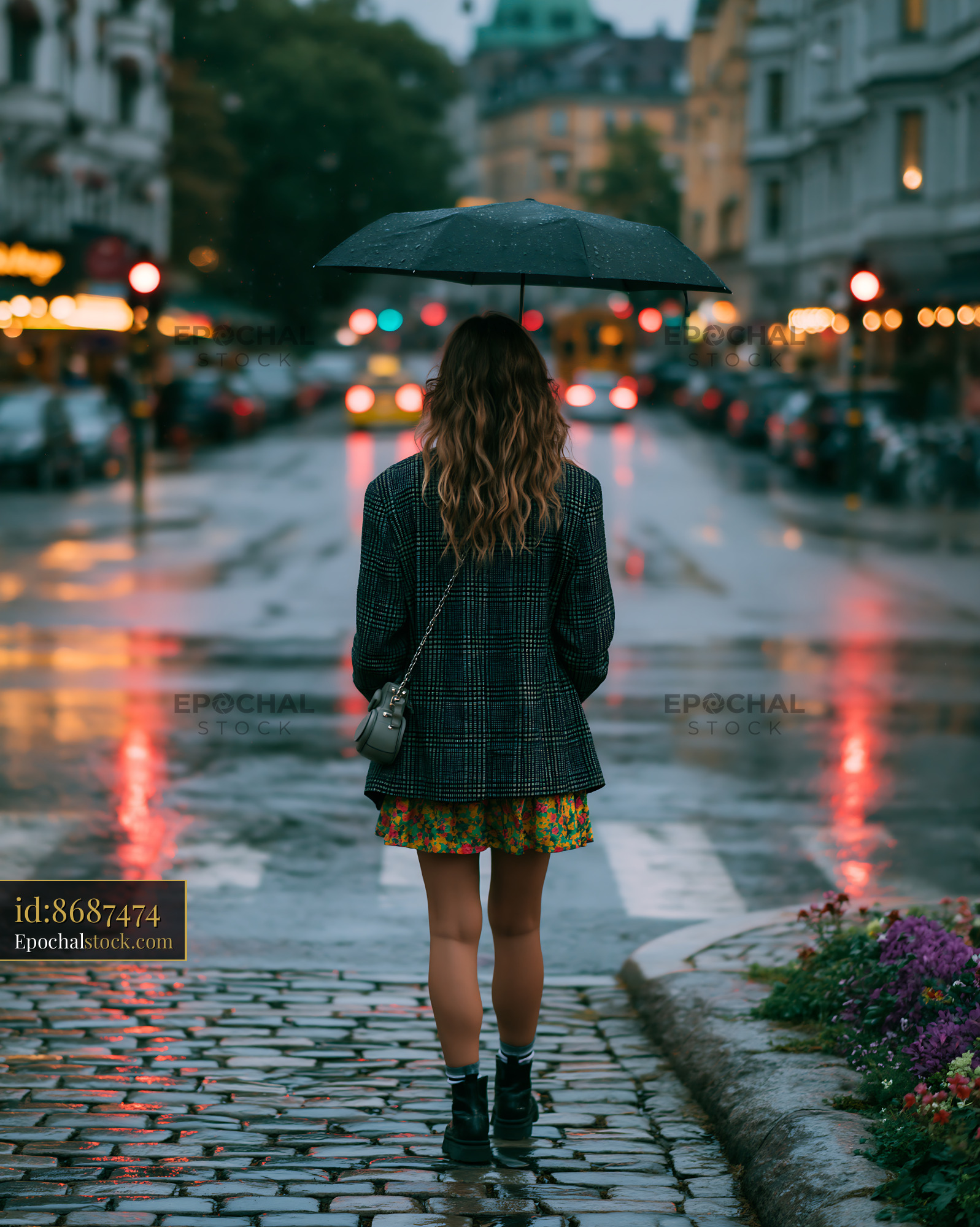 Watermarked full-resolution preview of Back View of Woman with Umbrella in Rainy City