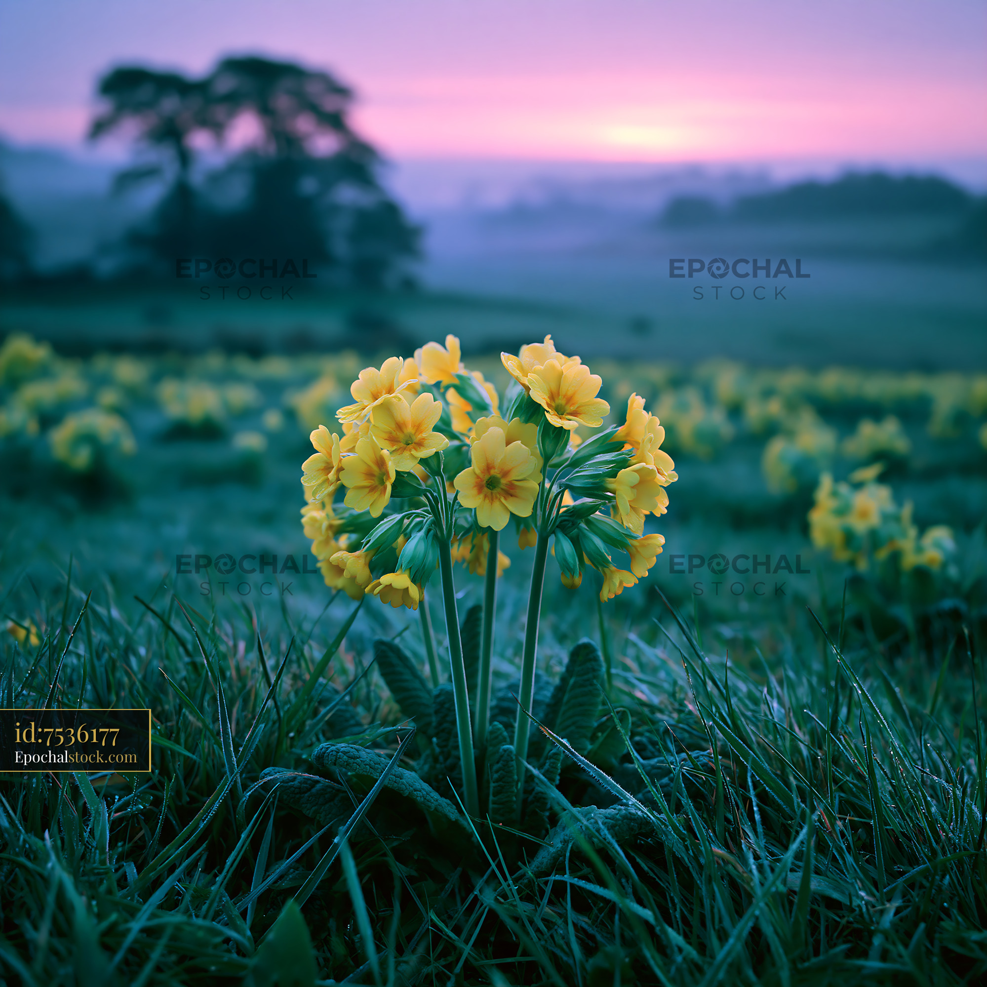 Watermarked full-resolution preview of Frosty morning with yellow flowers in a field at sunrise
