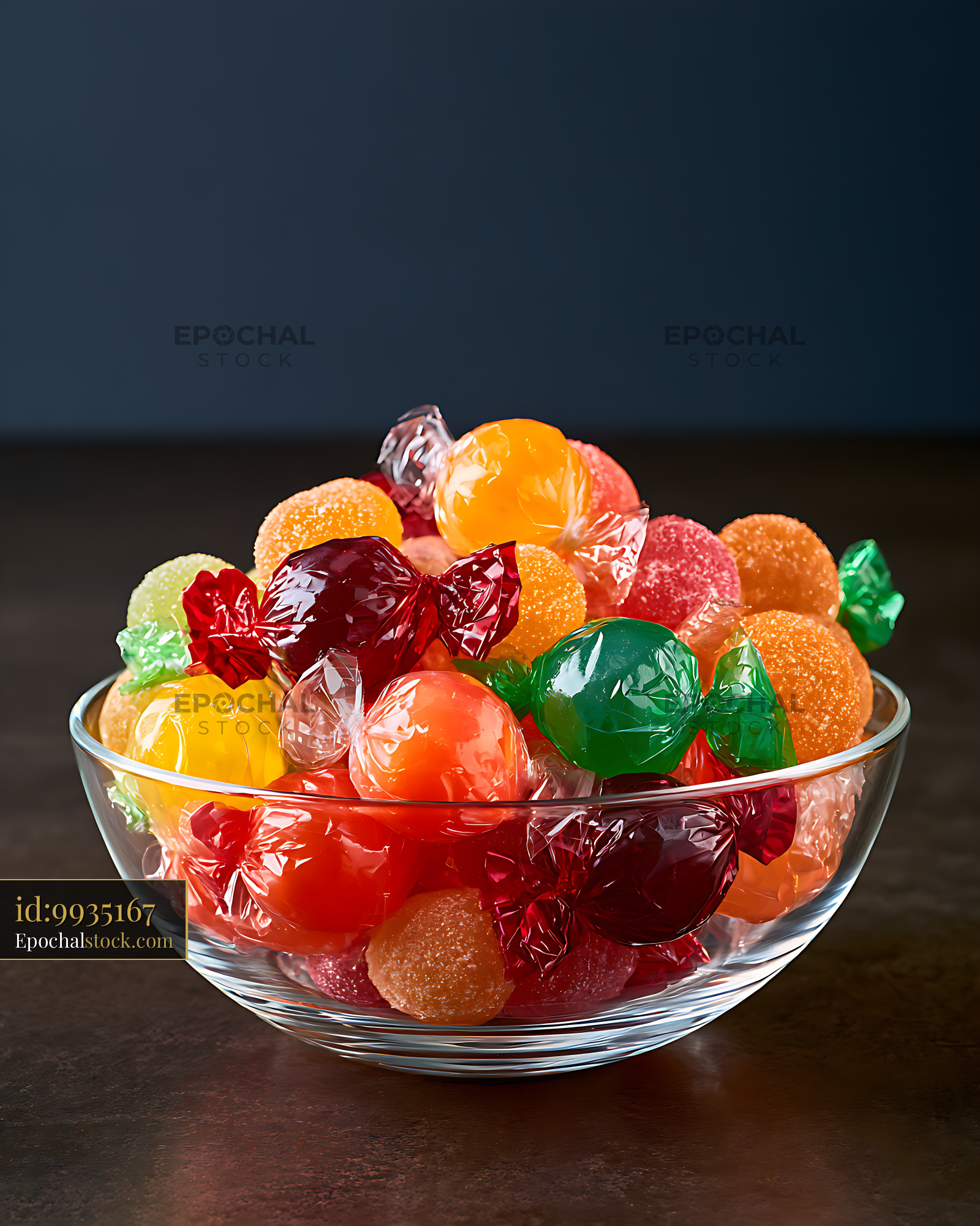 Watermarked full-resolution preview of Bright mixed sweets arranged in a transparent bowl