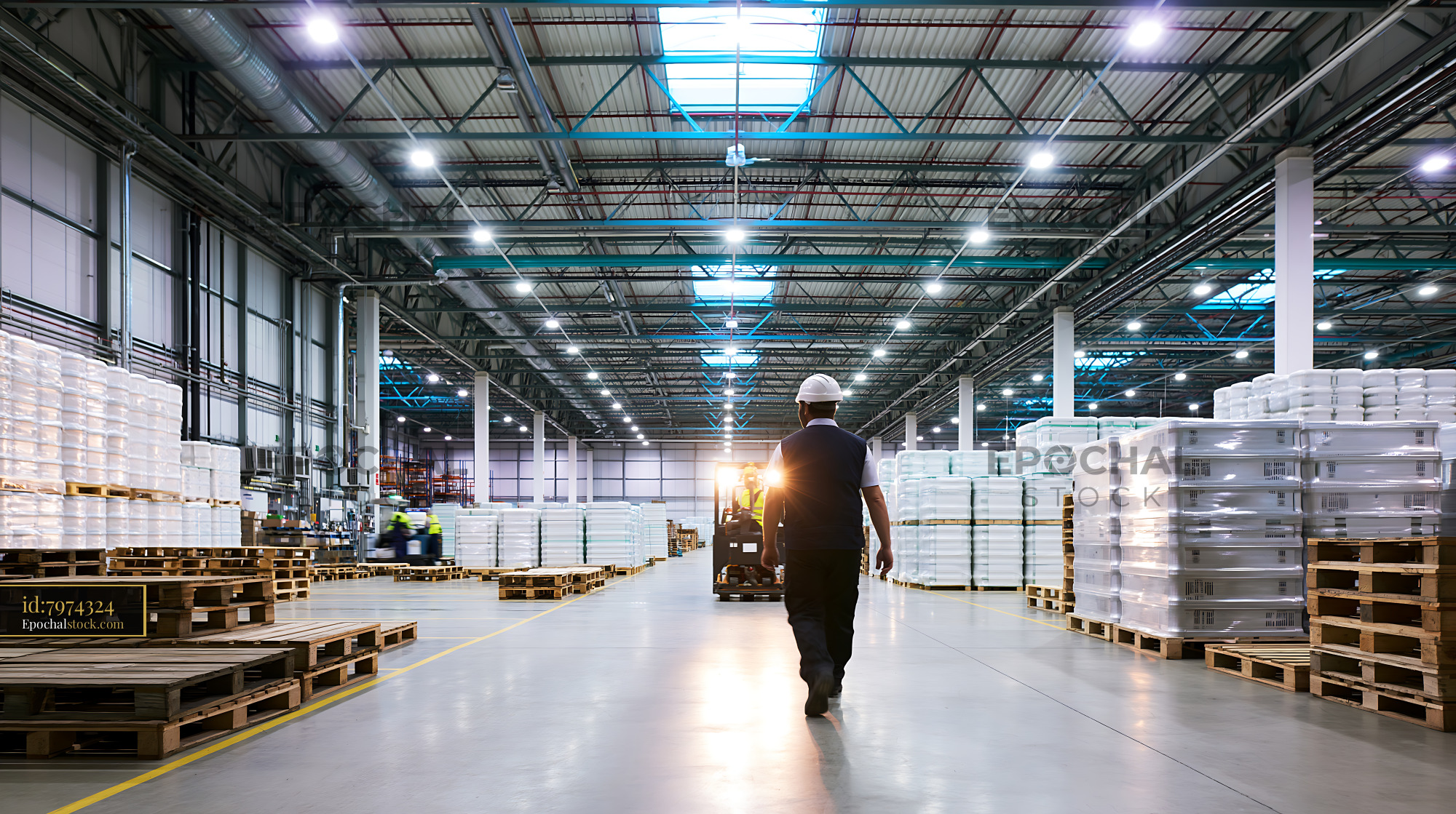 Watermarked full-resolution preview of Warehouse worker walking in large storage facility