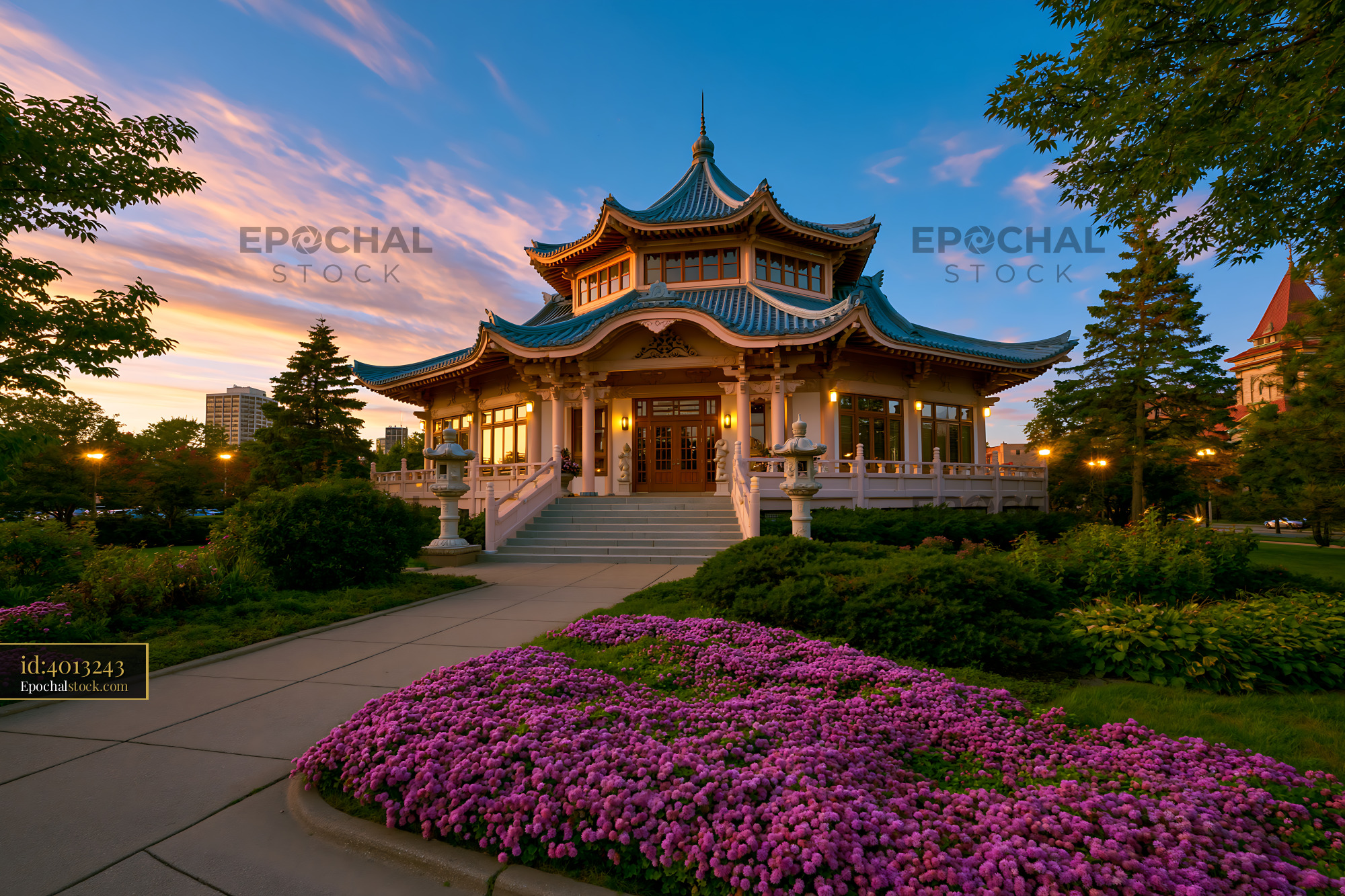 Watermarked full-resolution preview of Ornate pavilion surrounded by flowers at sunset