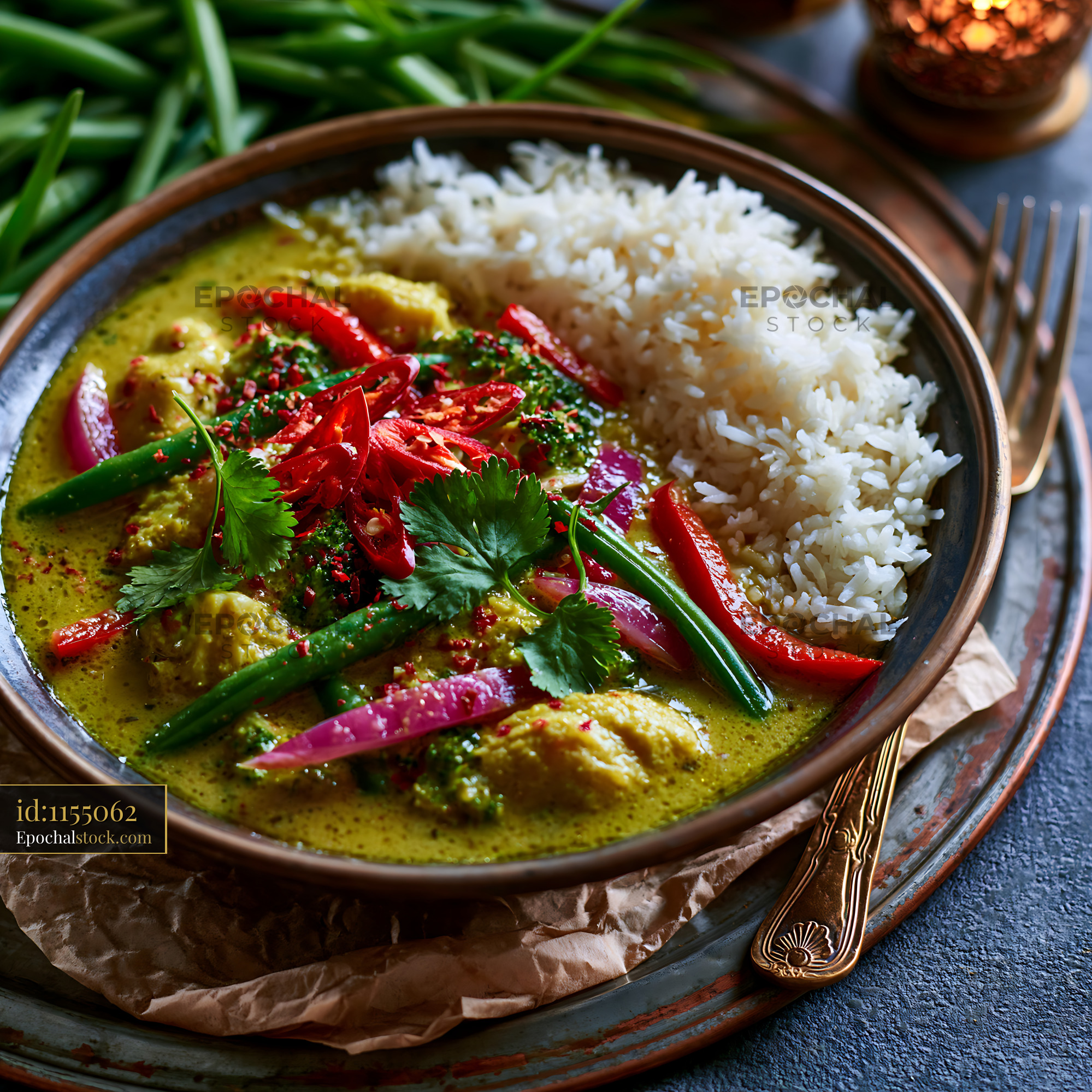 Watermarked full-resolution preview of Chicken curry served with rice and fresh vegetables