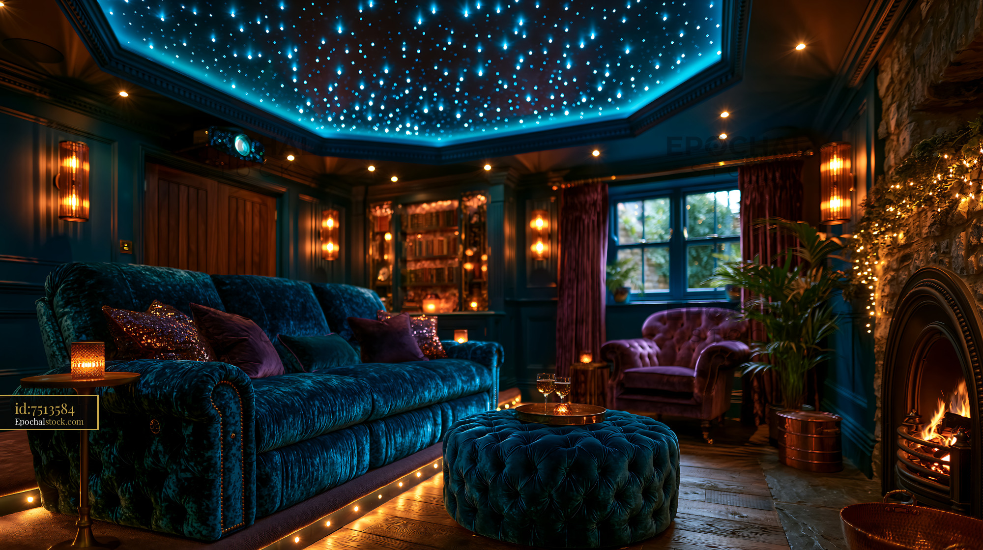 Watermarked full-resolution preview of Cozy living room with starry ceiling and warm lighting