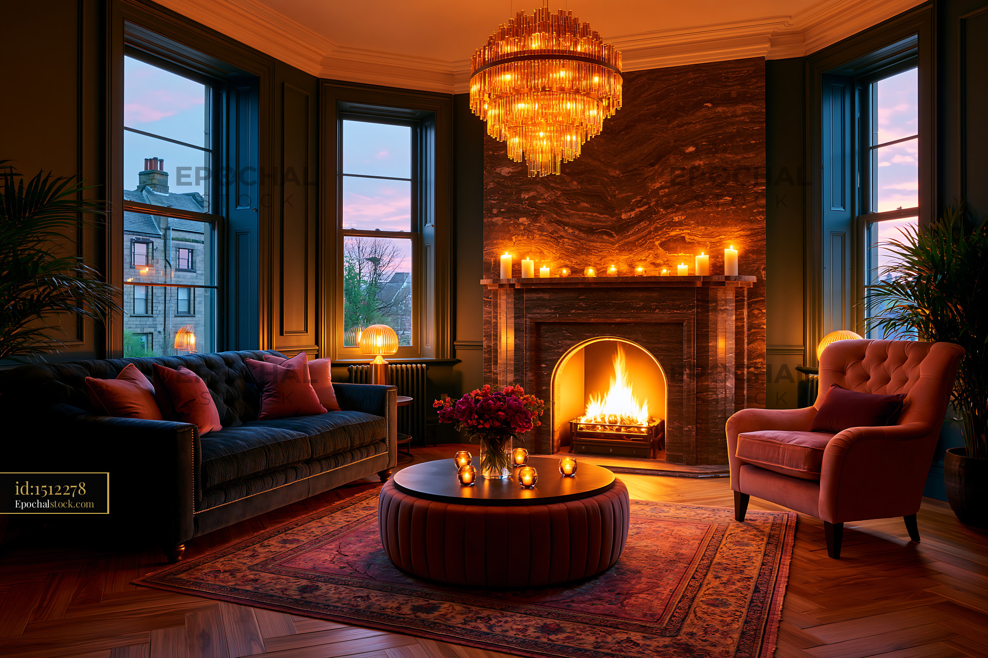 Watermarked full-resolution preview of Warm living room with fireplace and evening lighting