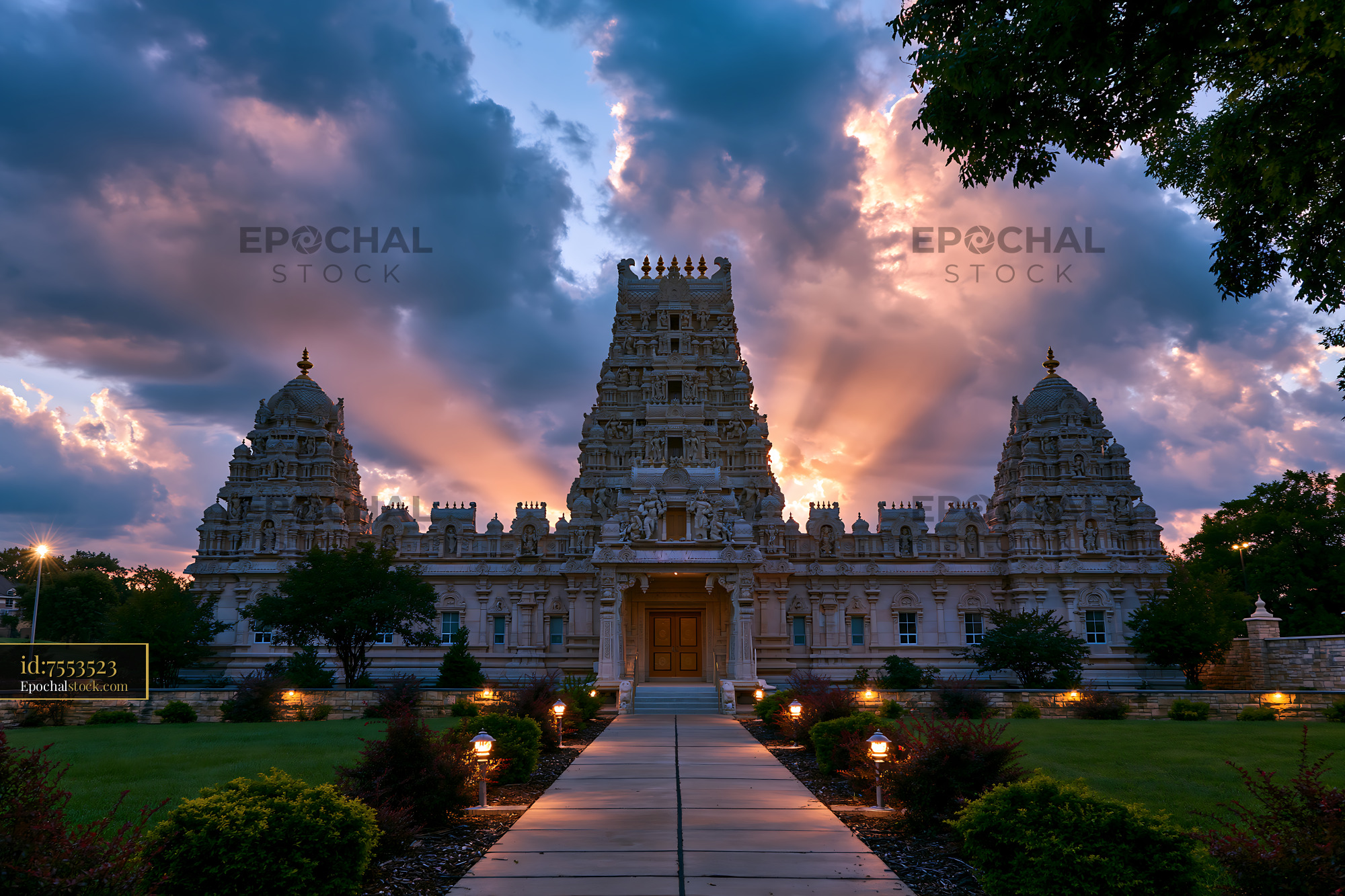 Watermarked full-resolution preview of Sunset view of a large temple with intricate architecture