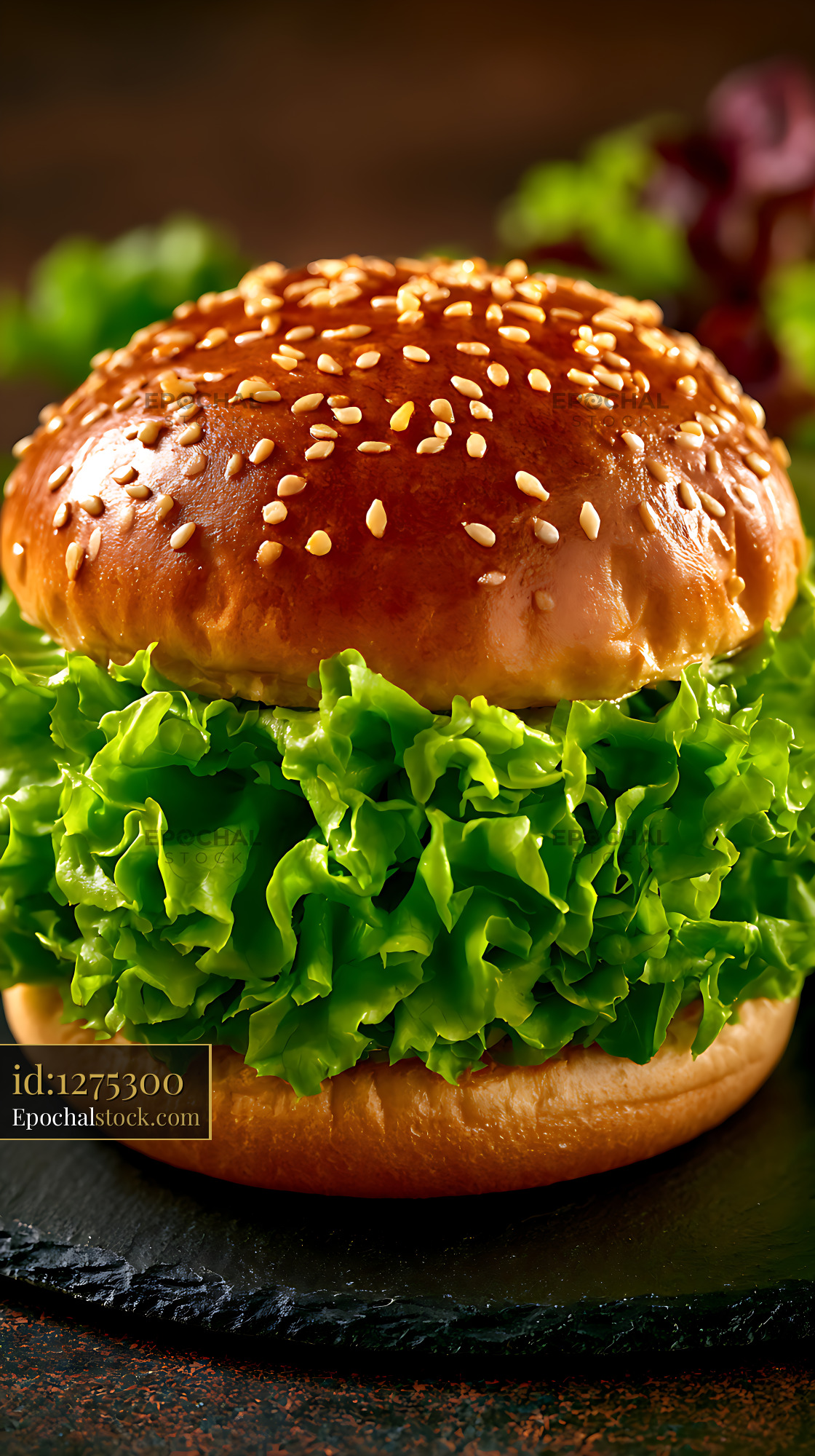 Watermarked full-resolution preview of Sesame burger with abundant fresh lettuce