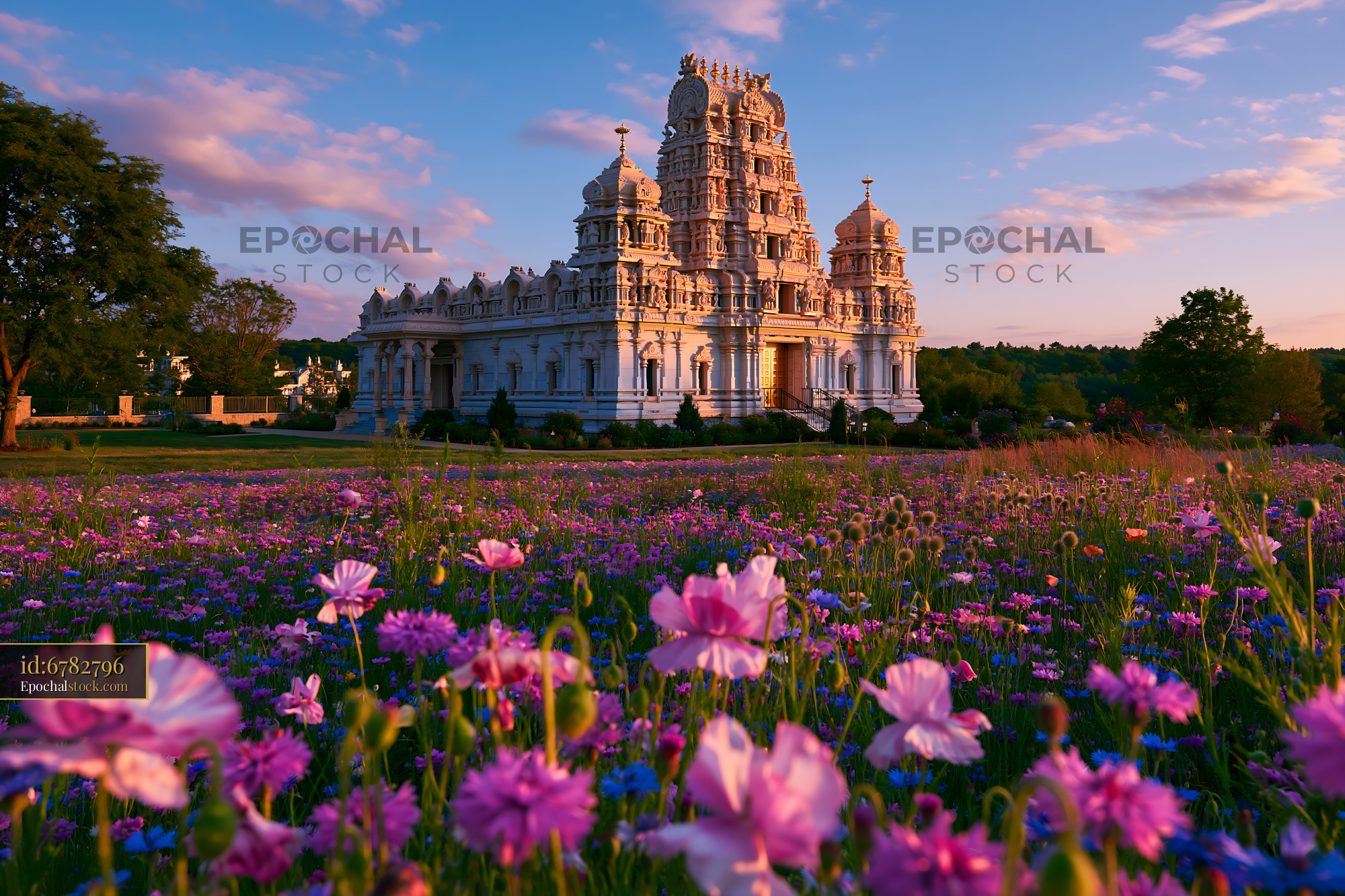 Watermarked full-resolution preview of White Hindu temple surrounded by a vibrant flower meadow