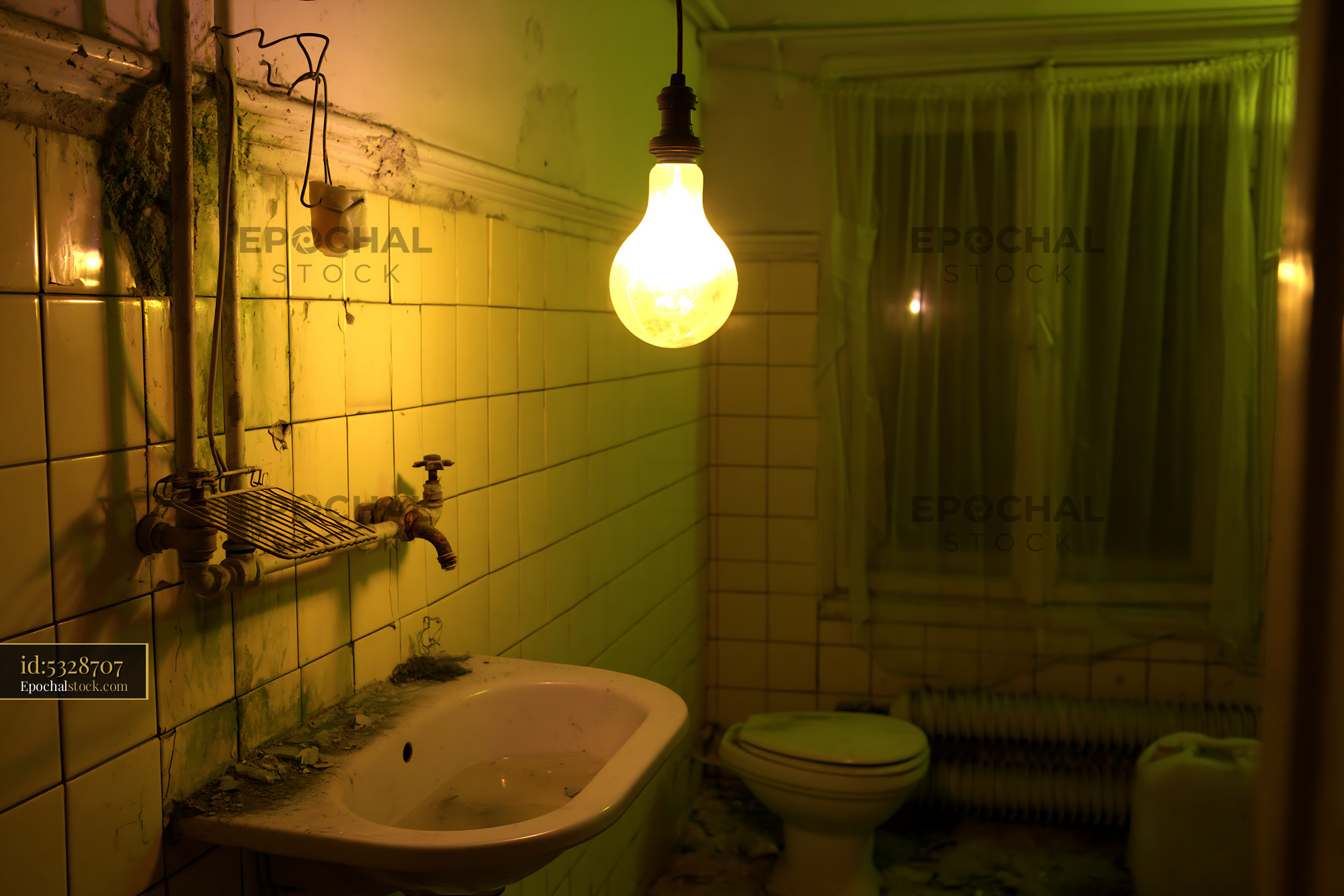 Watermarked full-resolution preview of Old bathroom with green lighting and vintage fixtures