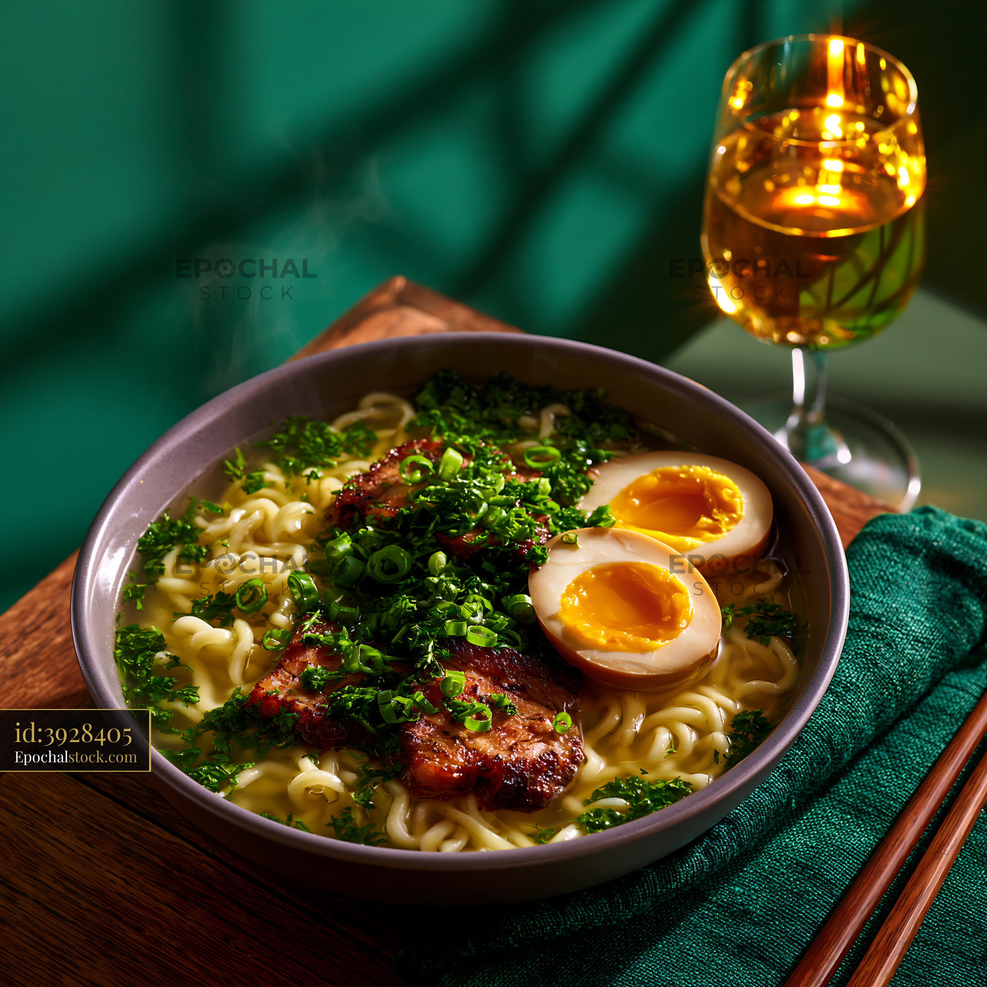 Watermarked full-resolution preview of Noodles served with meat, egg, and broth in a bowl