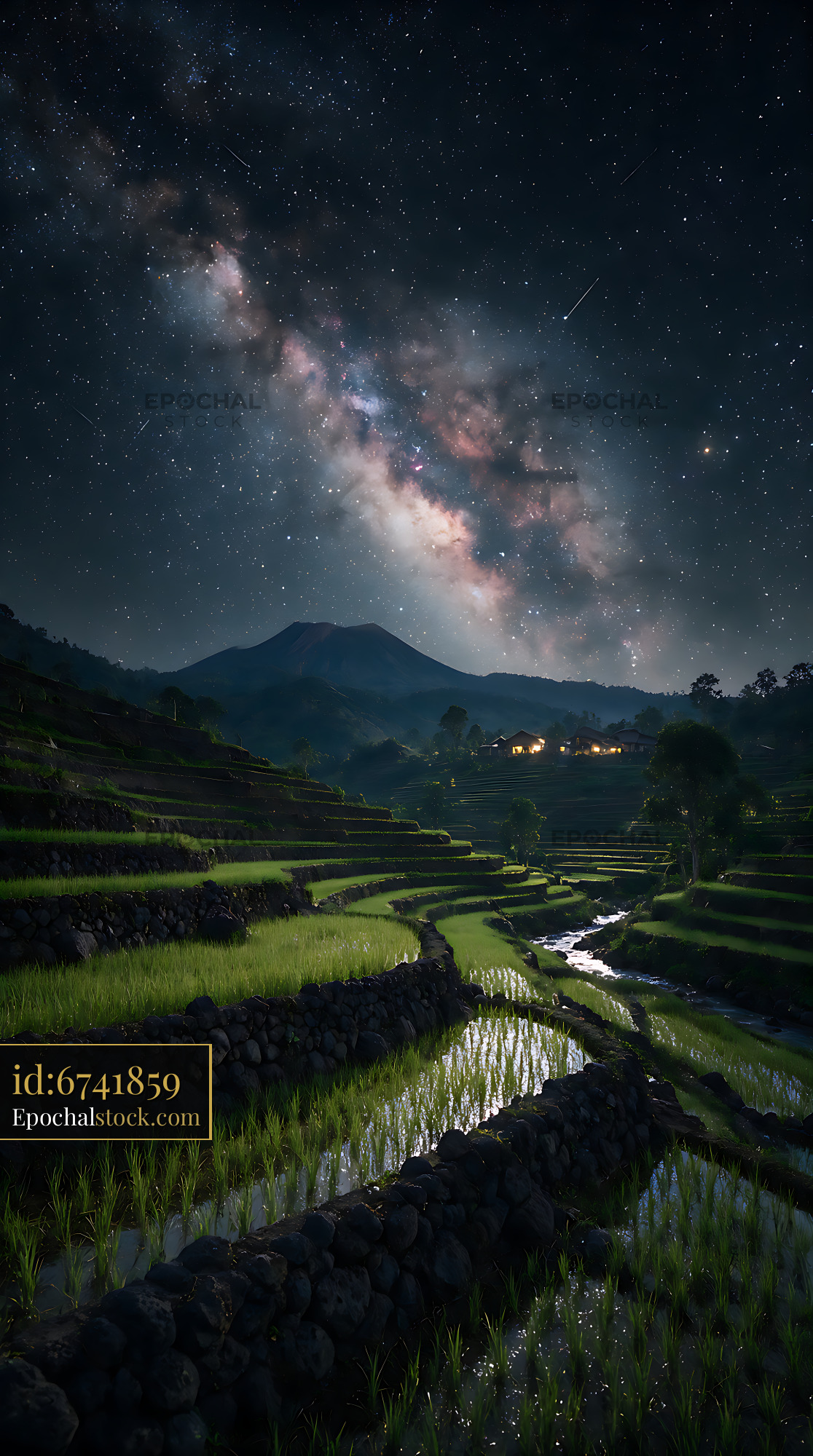 Watermarked full-resolution preview of Mountain rice terraces under the Milky Way