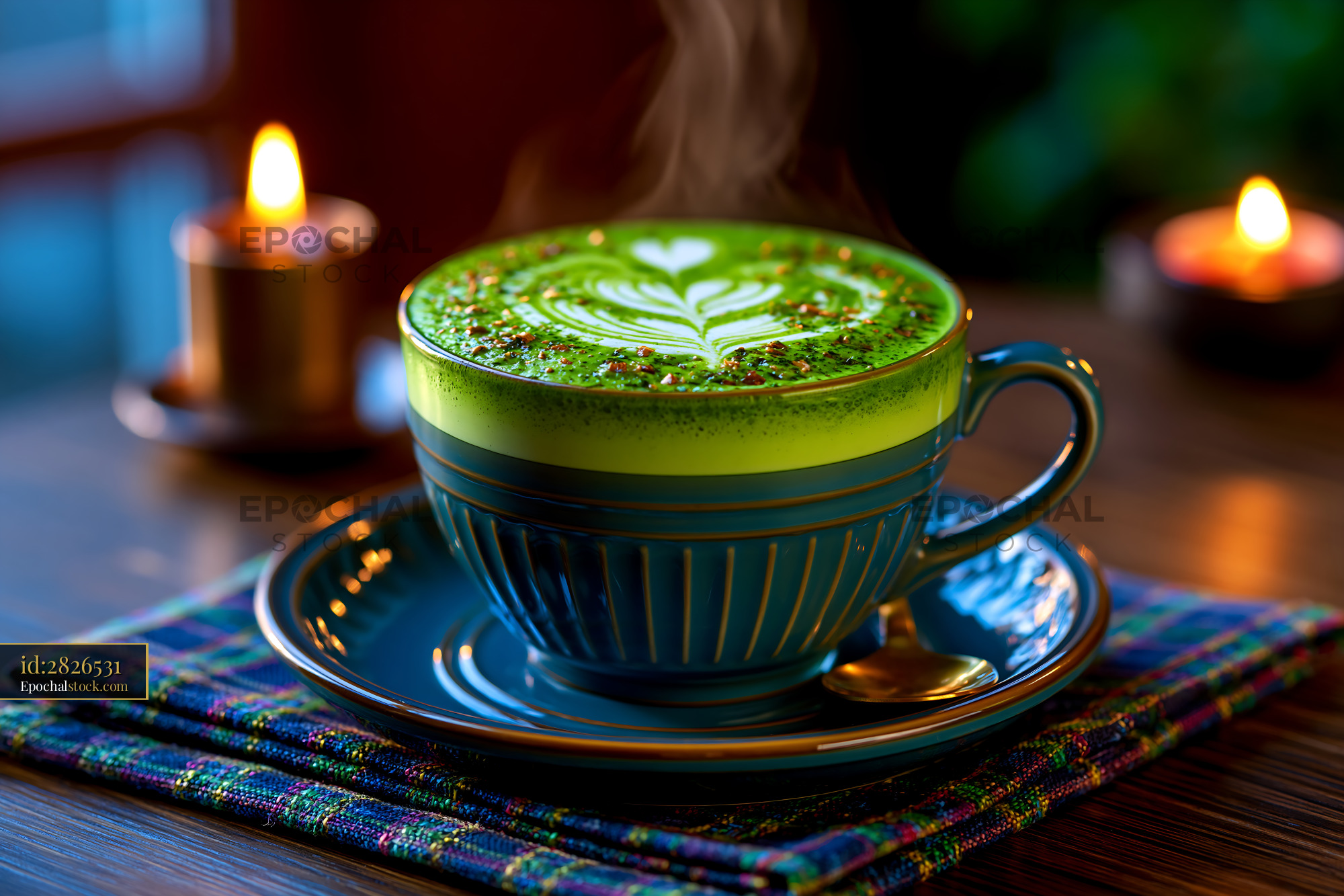 Watermarked full-resolution preview of Steaming matcha latte surrounded by candlelight