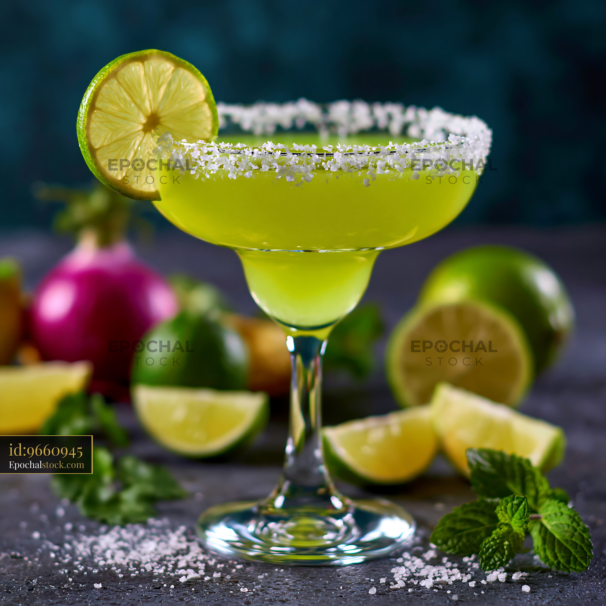 Watermarked full-resolution preview of Green lime cocktail with salted rim and citrus garnish