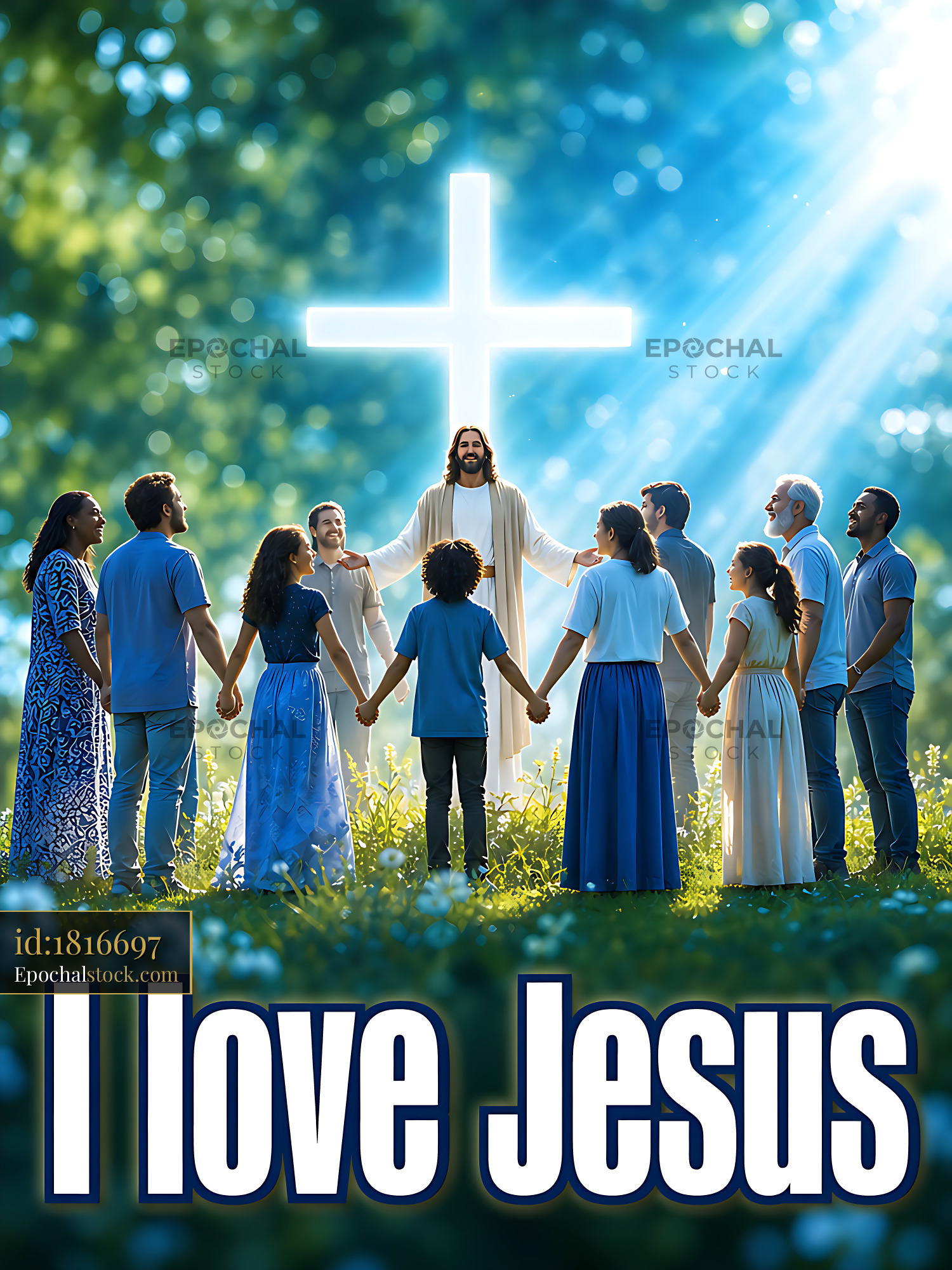 Watermarked full-resolution preview of Group of people holding hands around bright cross symbol