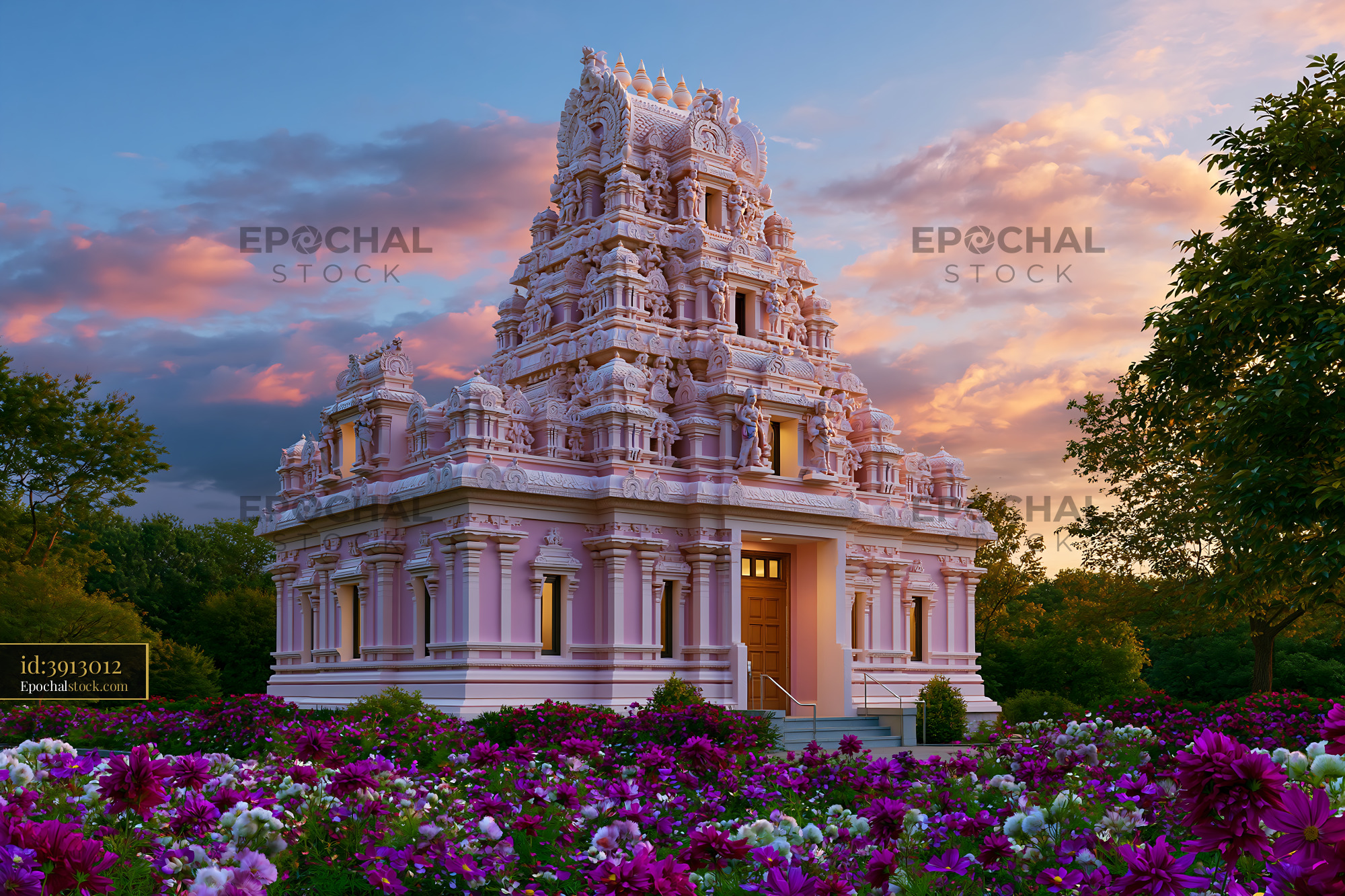 Watermarked full-resolution preview of Colorful temple surrounded by flowers at sunset
