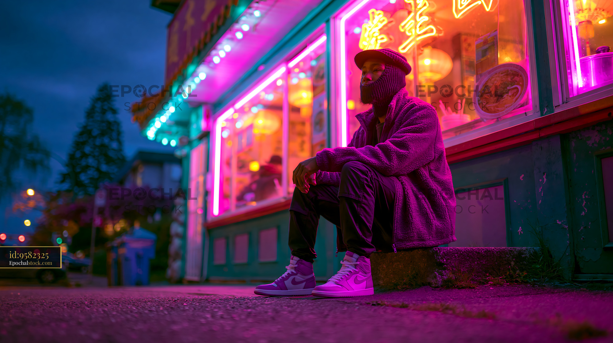 Young Man Sitting in Front of Neon Lit Restaurant at Night - stock photo
