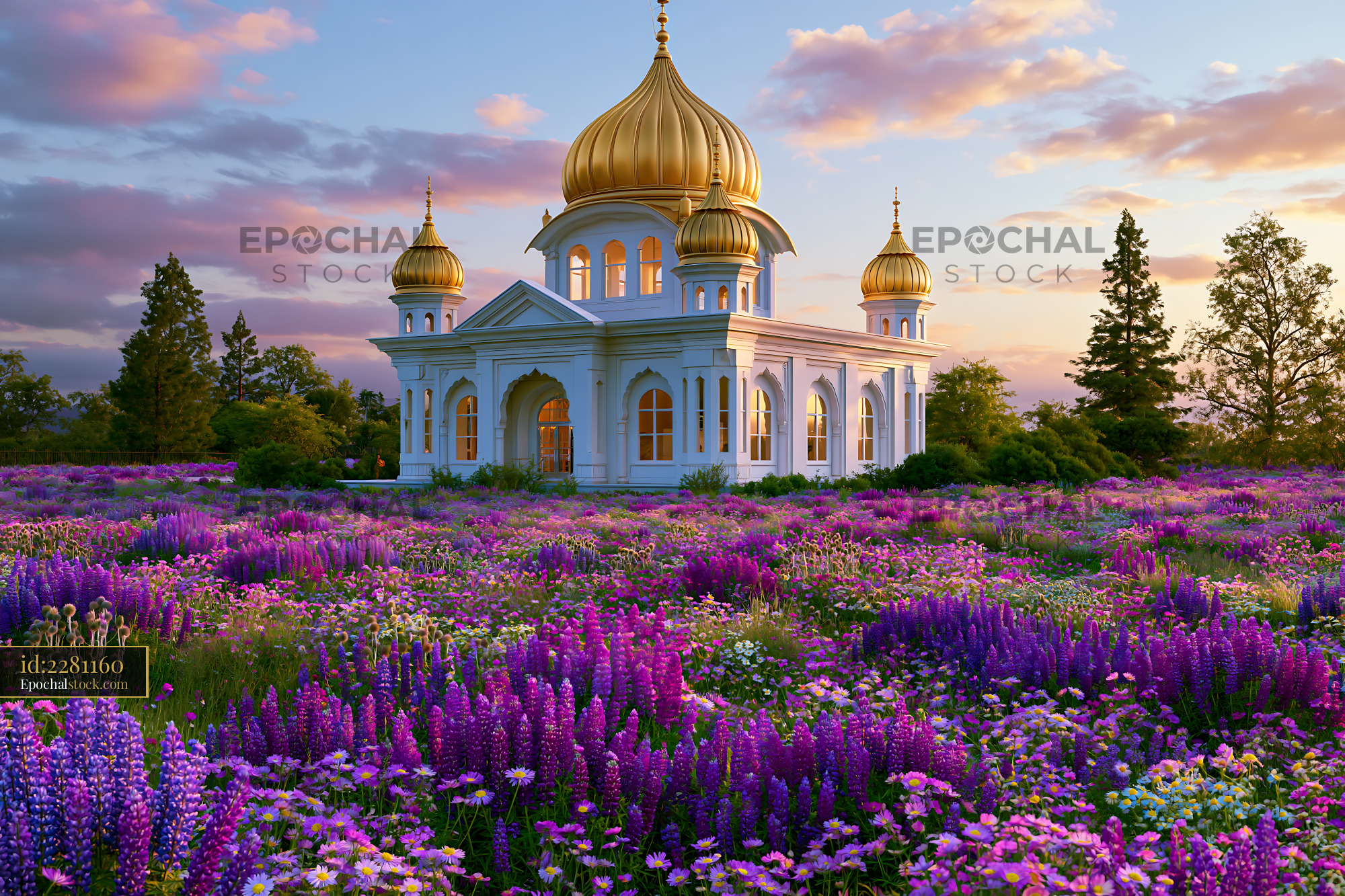 Watermarked full-resolution preview of Golden domes rise above flowers in a garden during sunset