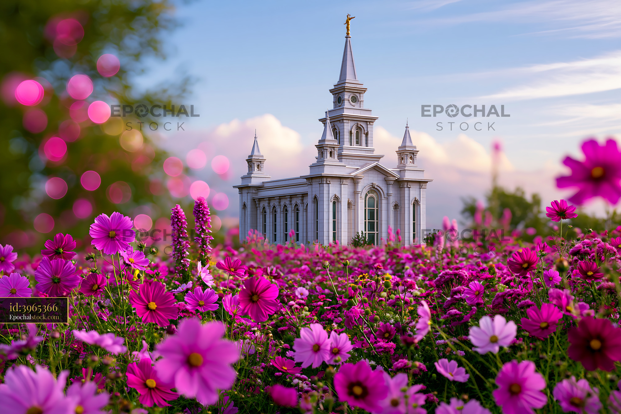 Cedar Church Surrounded by Pink Flowers and Blue Sky - stock photo
