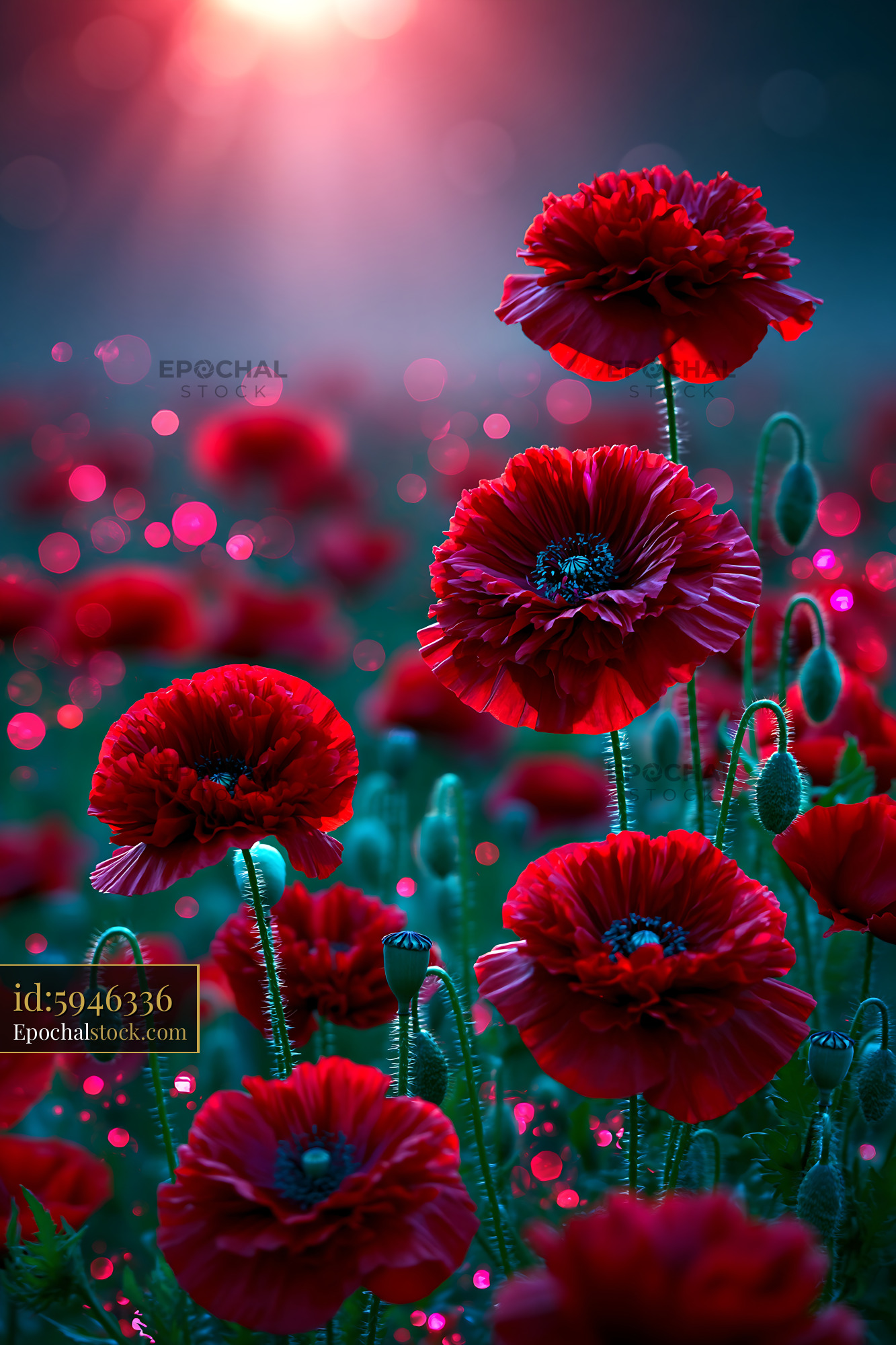 Watermarked full-resolution preview of Poppy flowers in a field during sunset with glowing bokeh