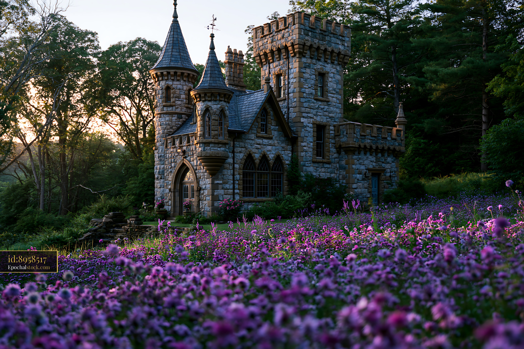 Watermarked full-resolution preview of Stone castle surrounded by blooming flowers in a garden