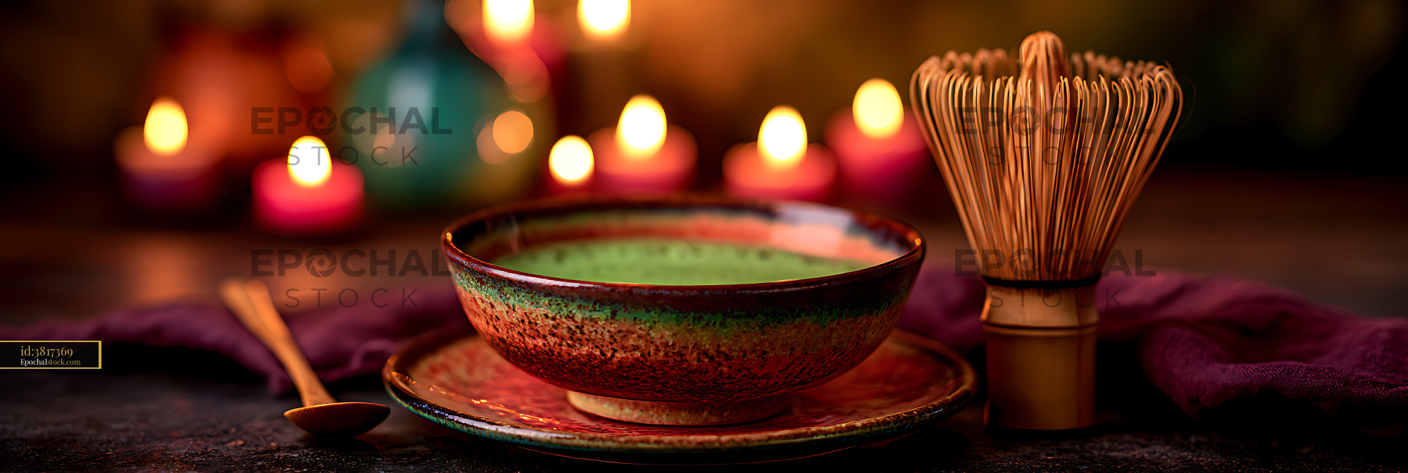 Watermarked full-resolution preview of Green tea bowl with bamboo whisk in warm candlelight