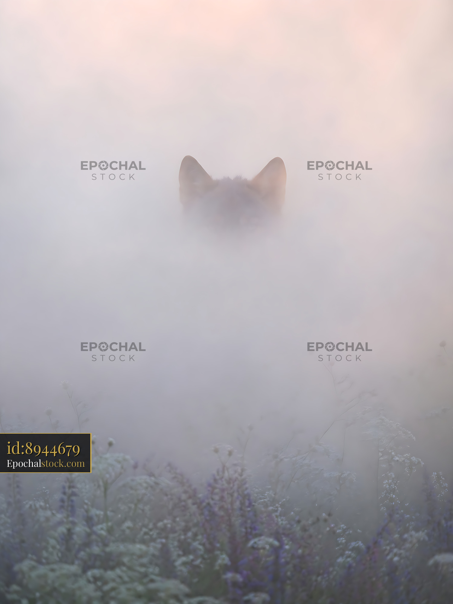Watermarked full-resolution preview of Fox appearing through fog in a natural environment