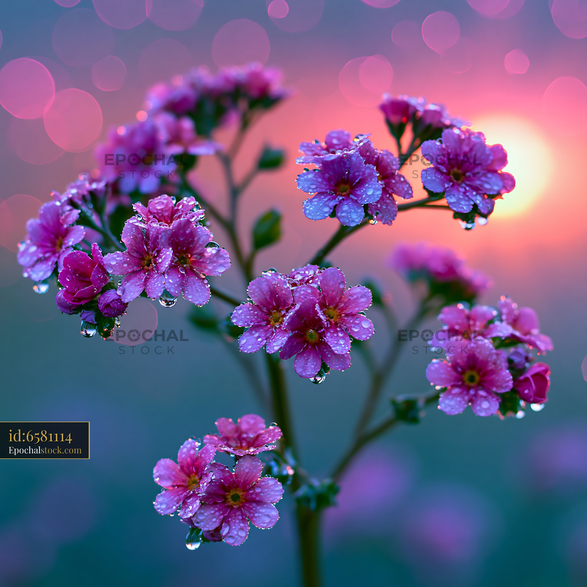Watermarked full-resolution preview of Flowers covered in dew during sunset