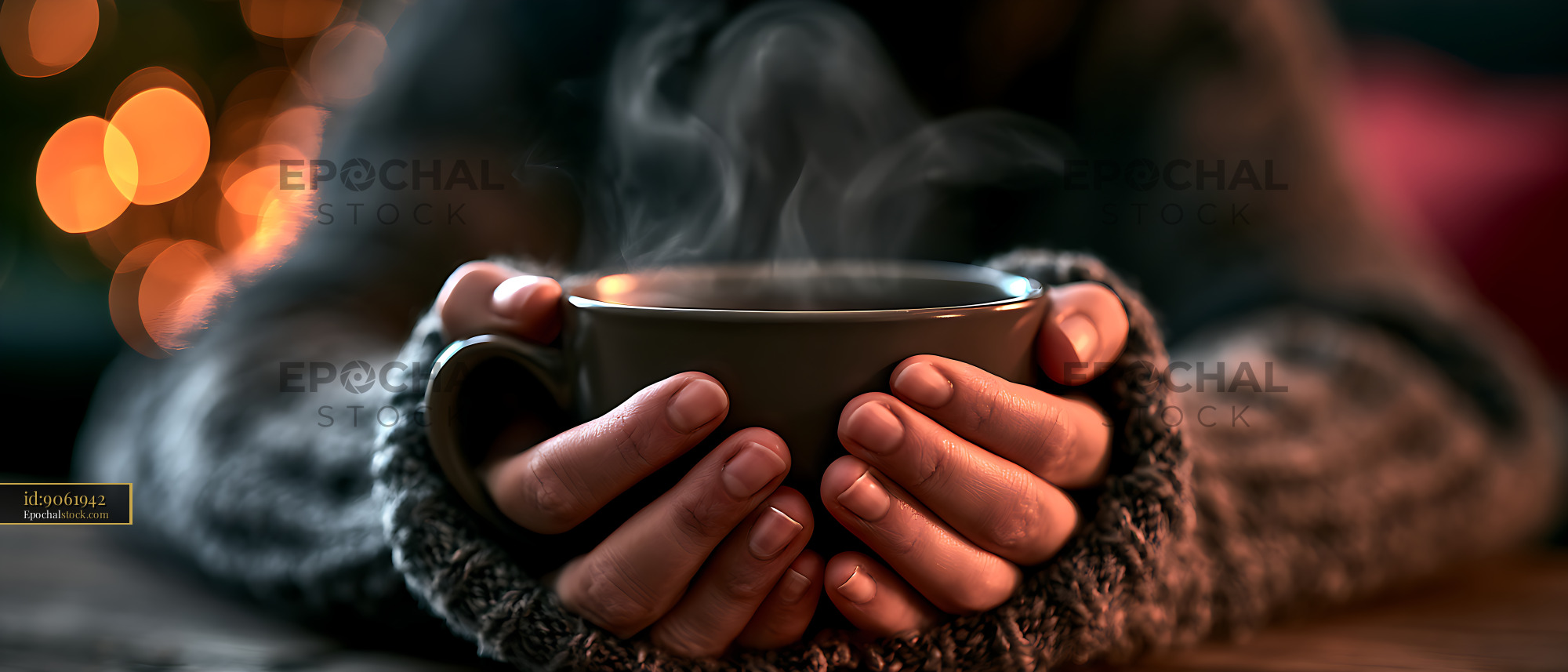 Watermarked full-resolution preview of Hands holding a hot steaming drink