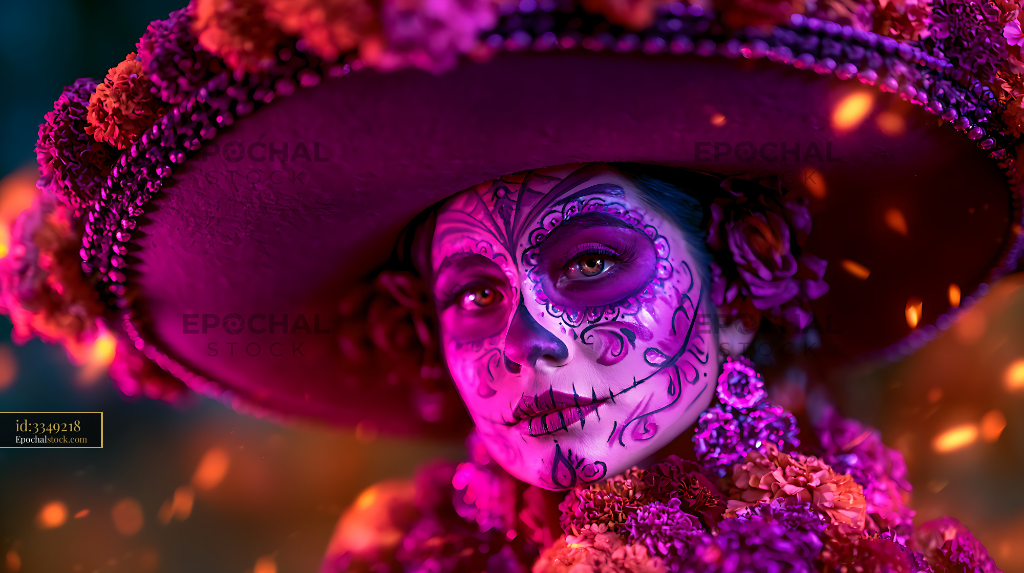 Watermarked full-resolution preview of Colorful close-up portrait with floral hat and skull-style makeup