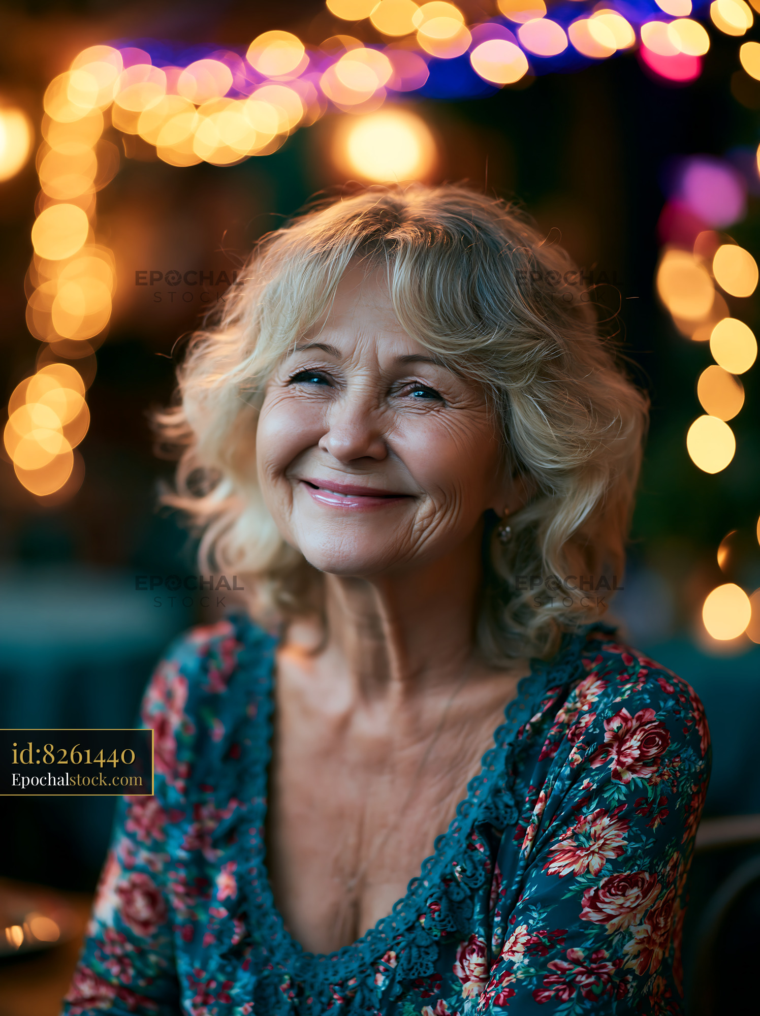 Watermarked full-resolution preview of Smiling woman in a decorated setting with bokeh lights