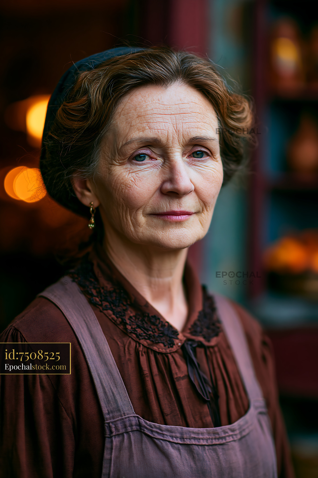 Watermarked full-resolution preview of Portrait of woman with curly hair in vintage dress
