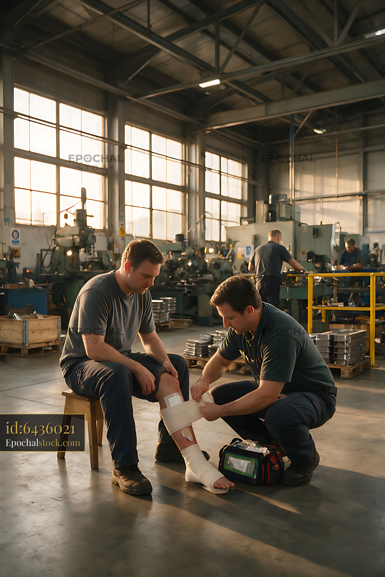 Watermarked full-resolution preview of Worker receives first aid for leg injury in factory