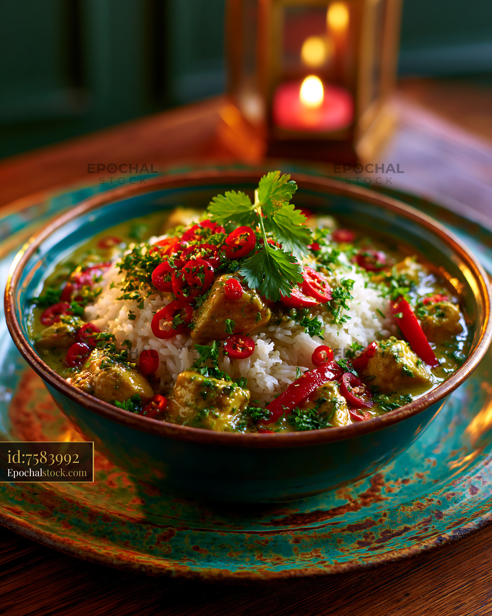 Watermarked full-resolution preview of Colorful bowl of curry served with rice and fresh herbs