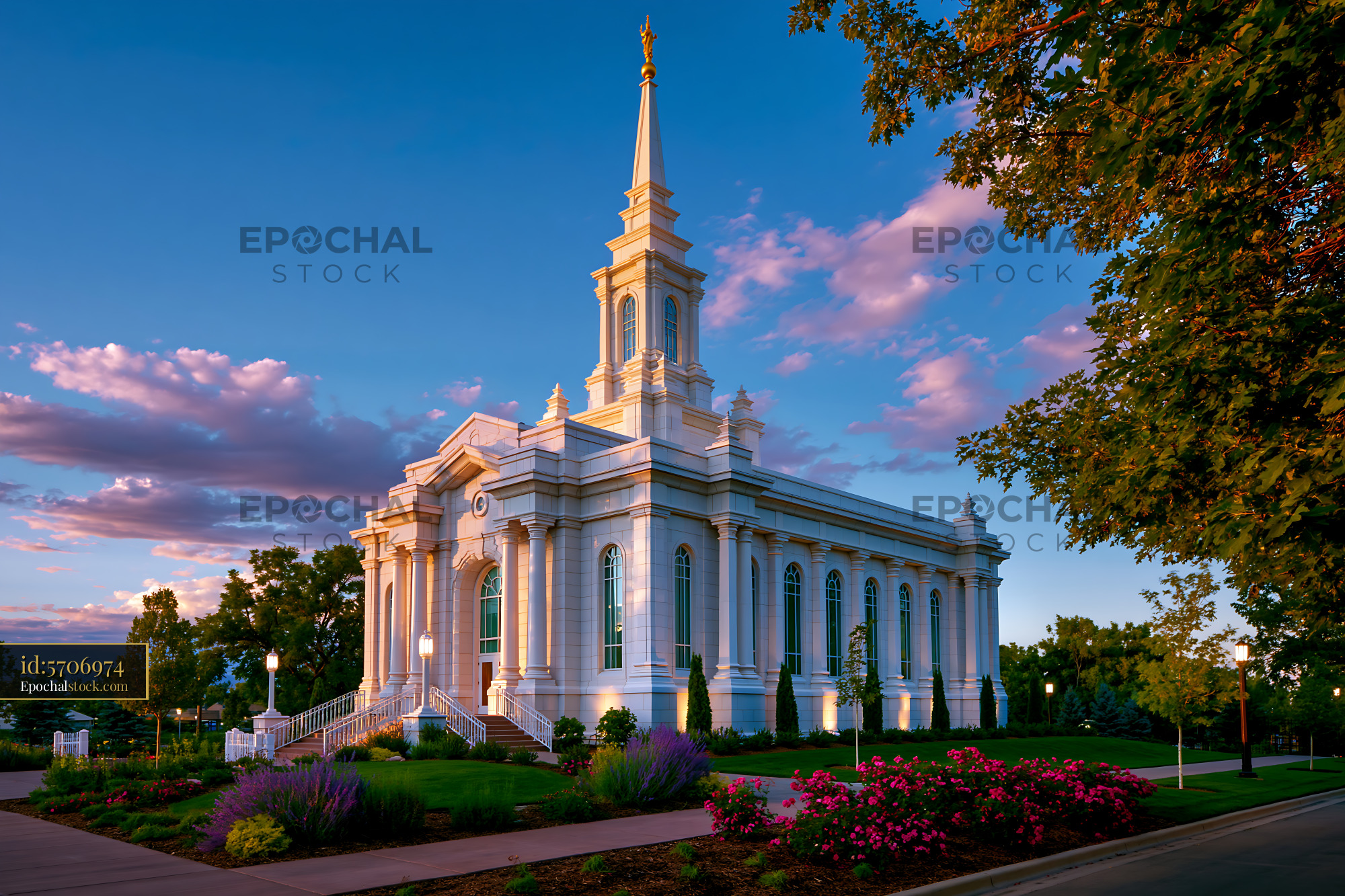 Watermarked full-resolution preview of Sunset view of a large church building with a tall spire