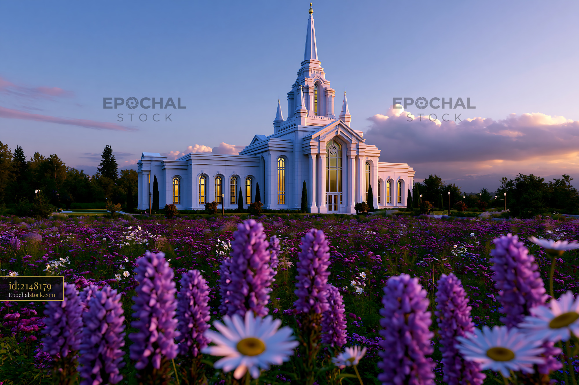 Watermarked full-resolution preview of Building with spire surrounded by flowers at sunset
