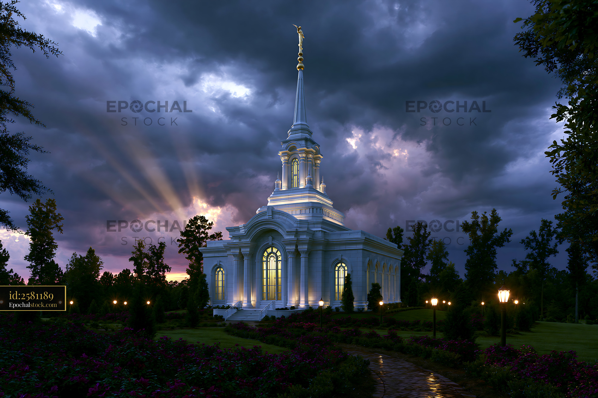 Watermarked full-resolution preview of Sunset over a temple surrounded by trees and lights