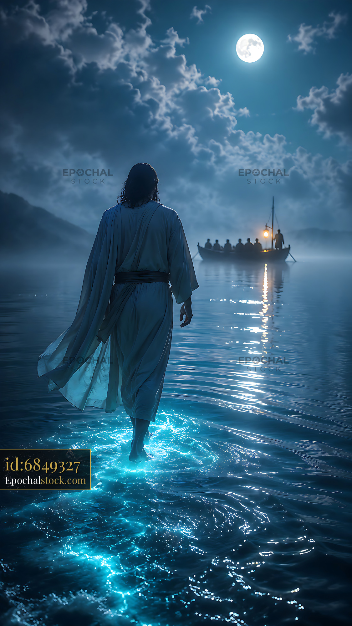 Person Walking on Water Under Moonlight With Boat in Distance - stock photo